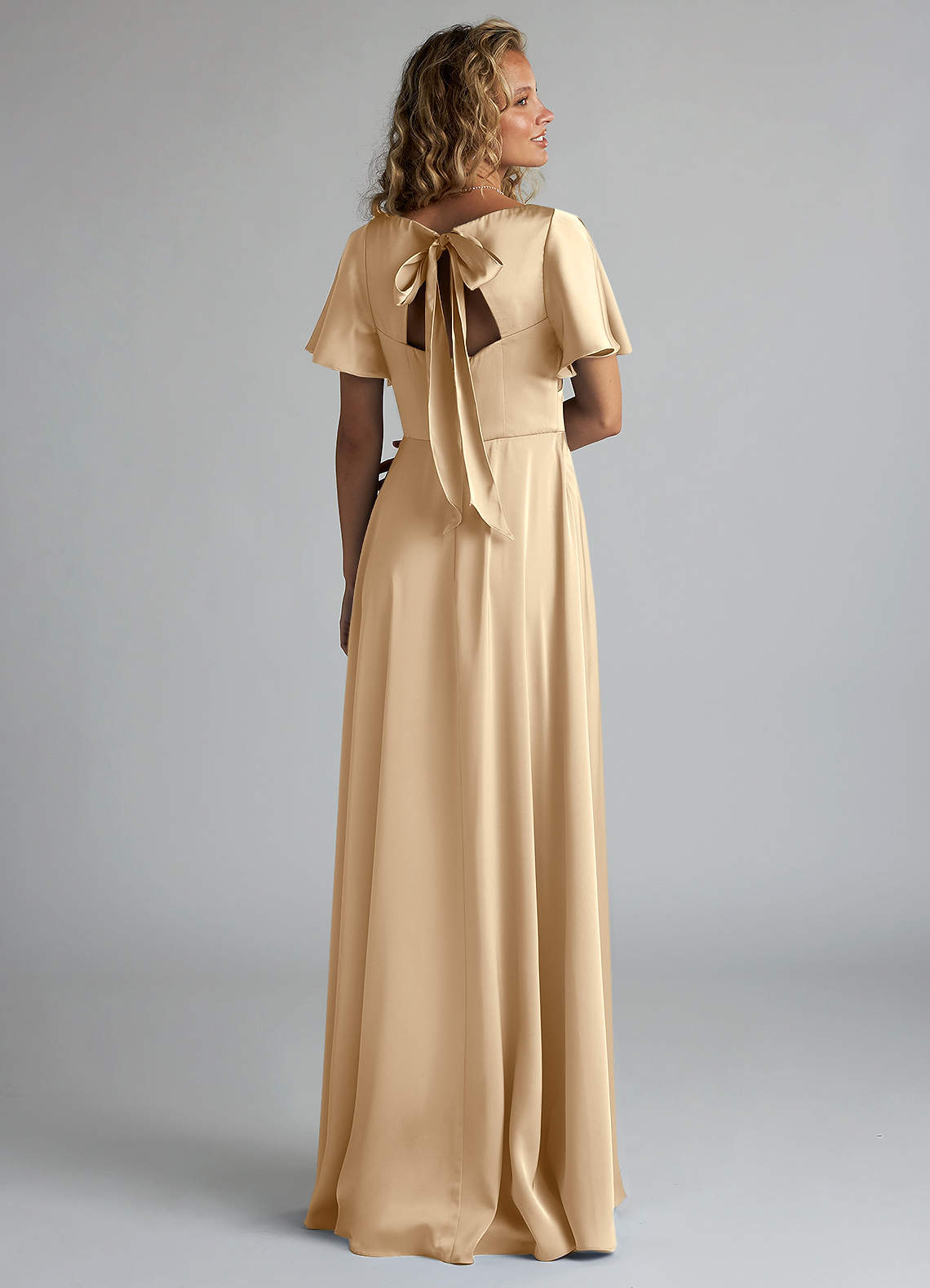 Azazie Kimber Bridesmaid Dresses Champagne A-Line Ruched Stretch Satin Dress image1