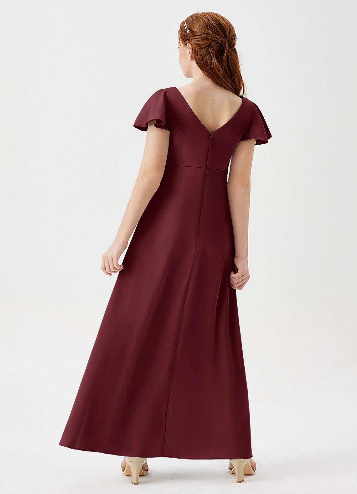 Azazie Soren Junior Abito A-Line in Raso Elasticizzato Increspato Cabernet image5