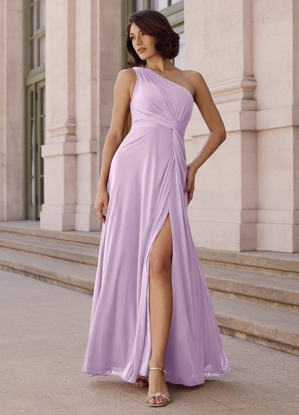 Azazie Brooke Bridesmaid Dresses Frosted Lilac A-Line One Shoulder Chiffon Dress image1