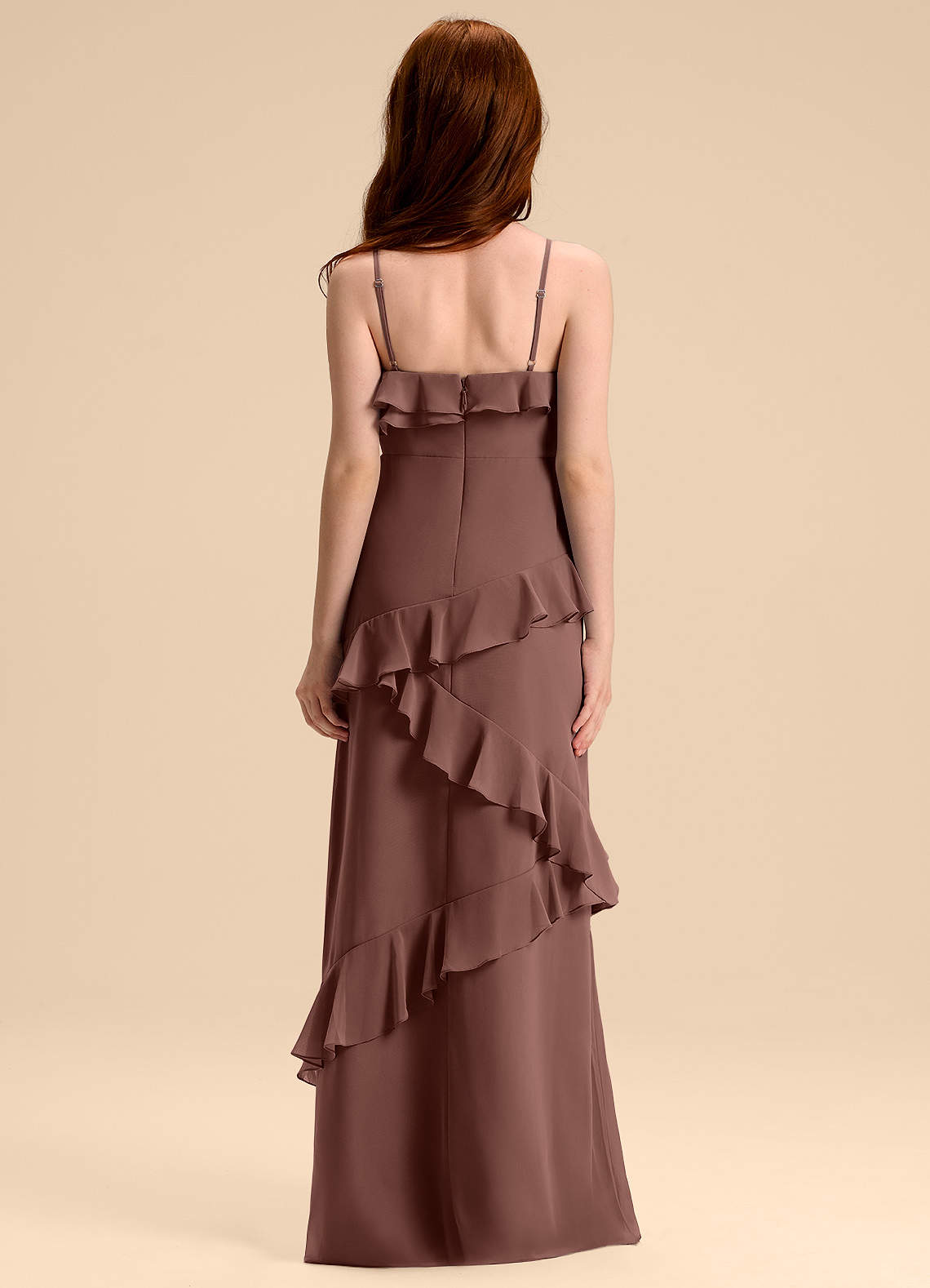 Azazie Evara Junior Robe Trapèze en Mousseline de soie Expresso image1