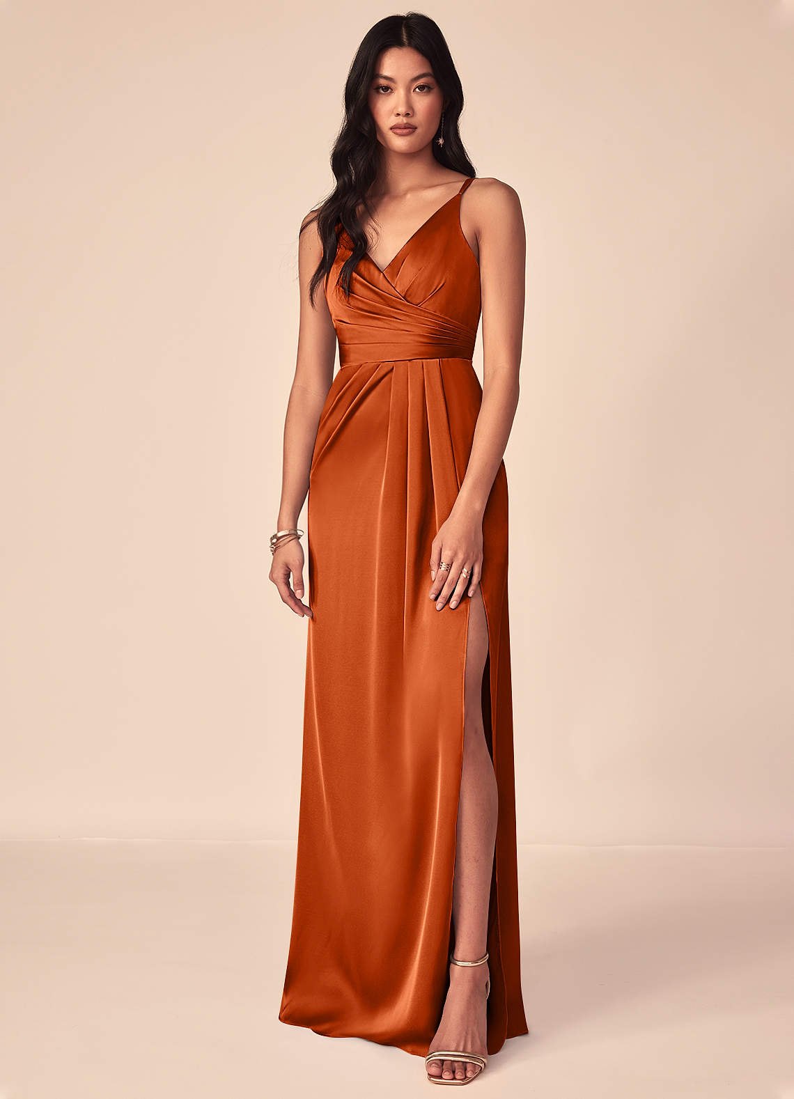 Azazie Aqua Bridesmaid Dresses Burnt Orange A-Line V-Neck Pleated Stretch Satin Dress image1