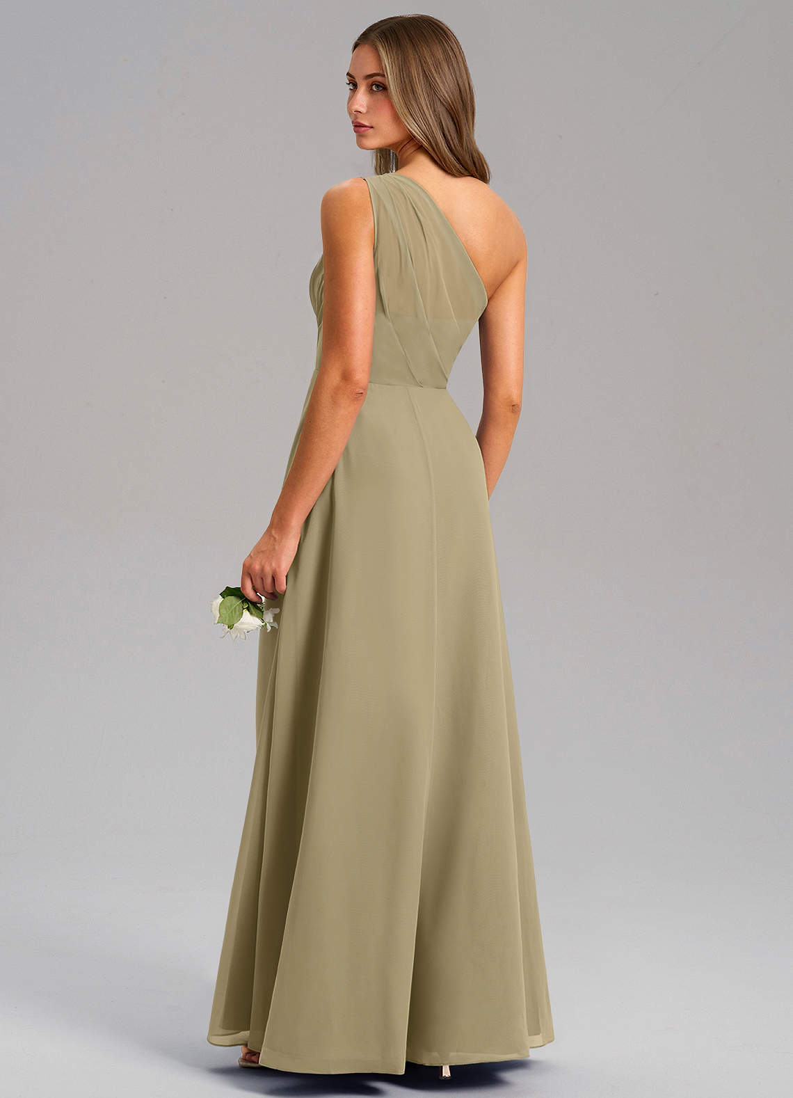Azazie Phaedra Vestidos de madrinha de casamento Vestido Musgo Verde de Chiffon de Linha A com Um ombro image6