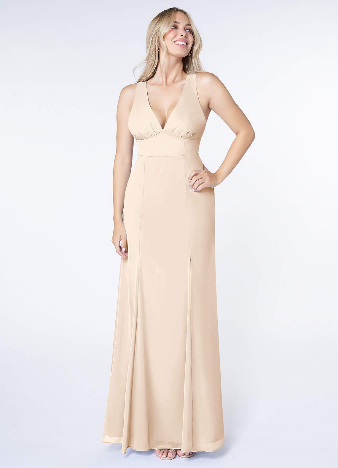 Azazie Christiana Bridesmaid Dresses White Alabaster A-Line V-Neck Pleated Chiffon Dress image1