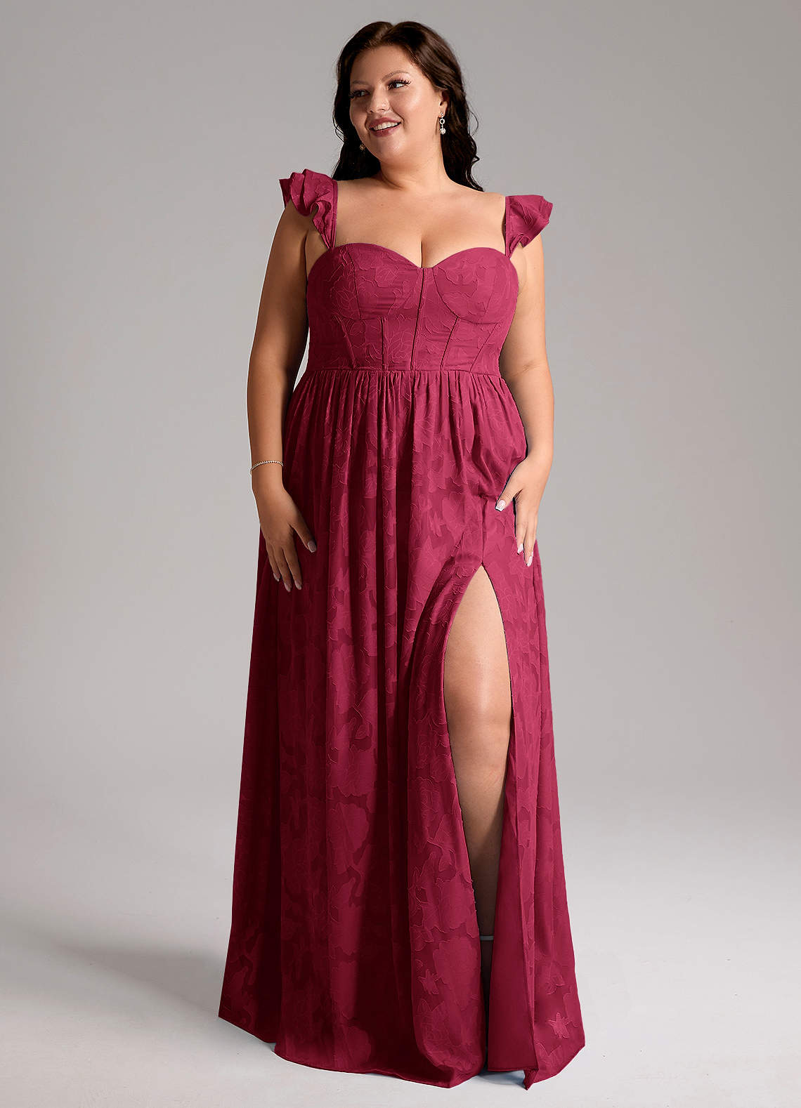 Azazie Denisse Vestidos de madrinha de casamento Vestido Borgonha de Esgotamento Floral de Linha A com Ruched image8