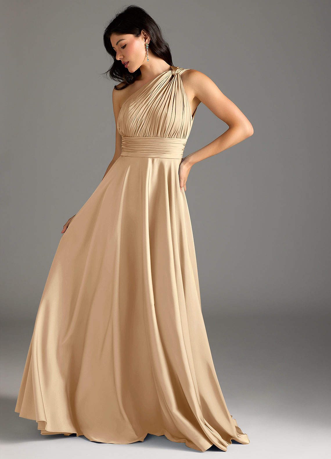 Azazie Charlize Bridesmaid Dresses Champagne A-Line One Shoulder Stretch Satin Dress image4