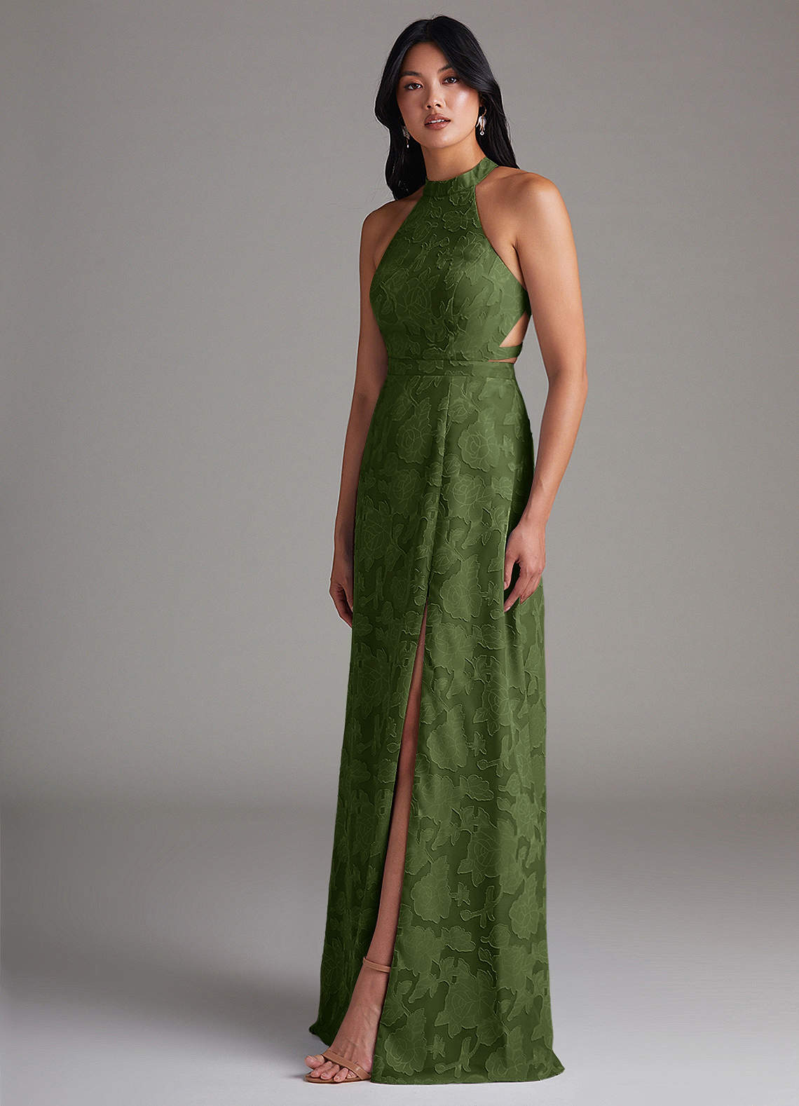Azazie Clarice Bridesmaid Dresses Olive A-Line Side Slit Floral Burnout Dress image2