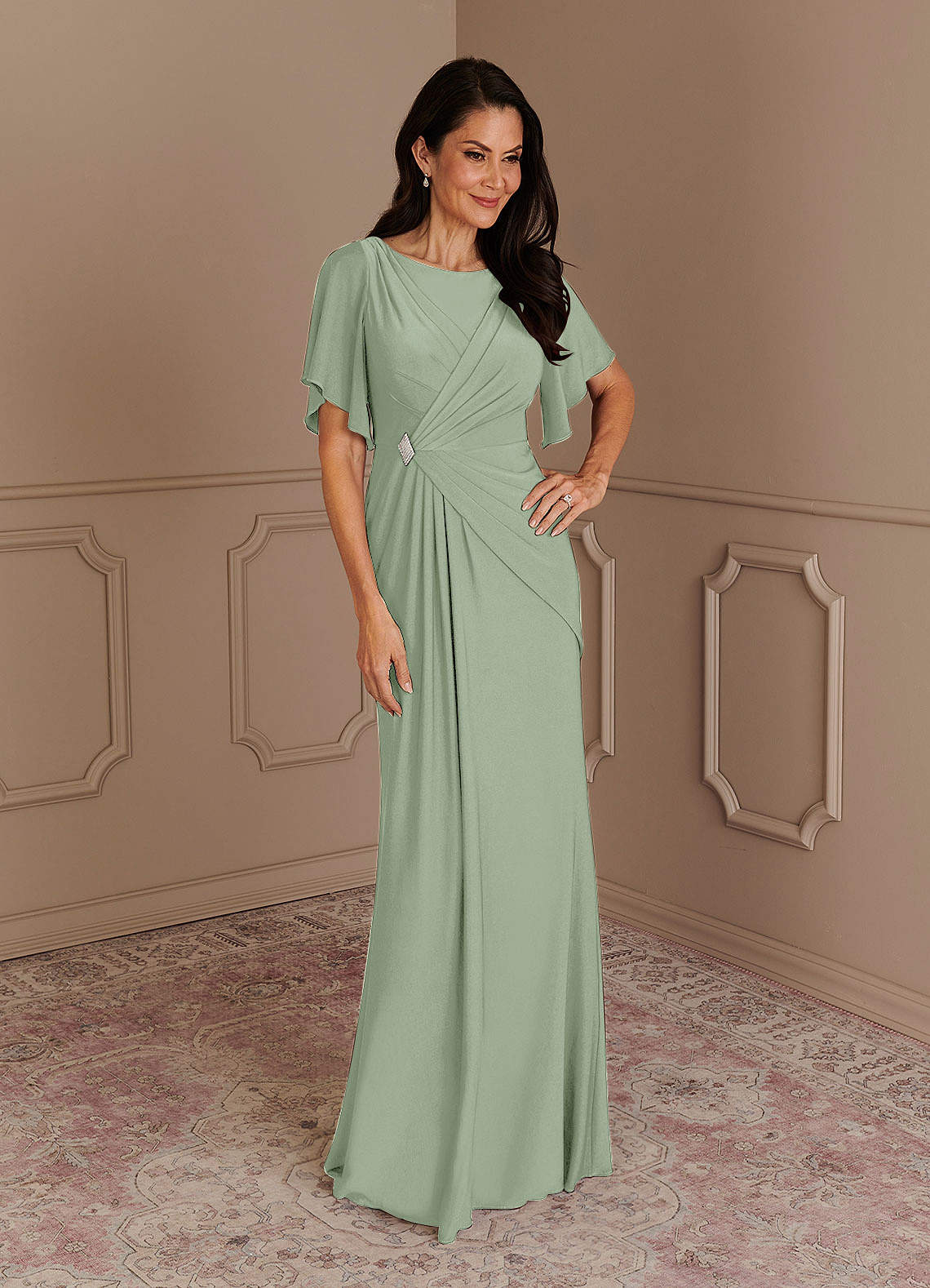 Azazie Louanne Mère de la mariée Robes Robe Sirène en Tricot de luxe Plissé col bateau Agave image1