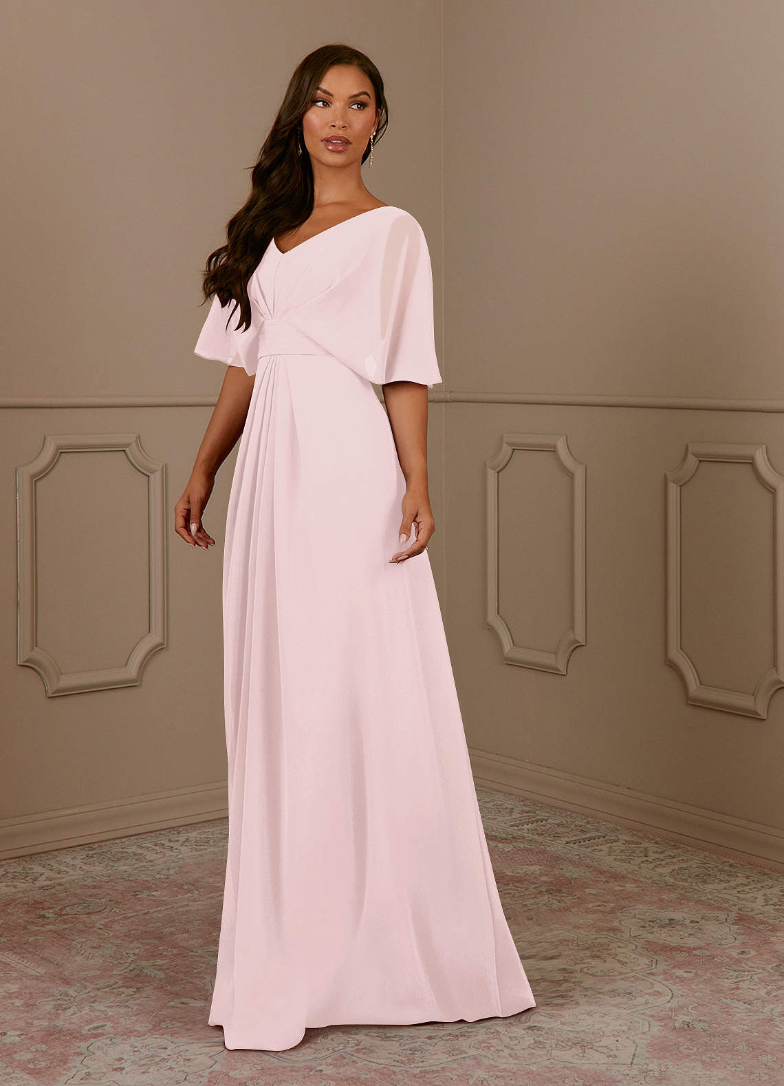 Azazie Oksana Mother of the Bride Dresses Blushing Pink A-Line V-Neck Pleated Chiffon Dress image1