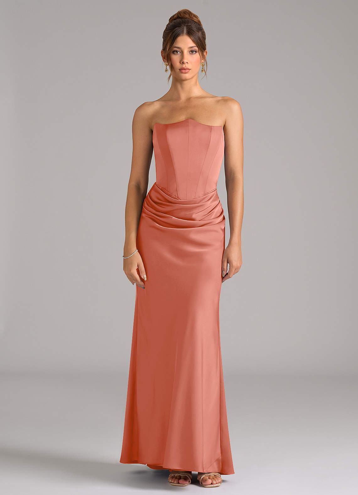 salmon mermaid dress Azazie Mermaid Strapless Floor-Length Stretch Satin Bridesmaid Dresses