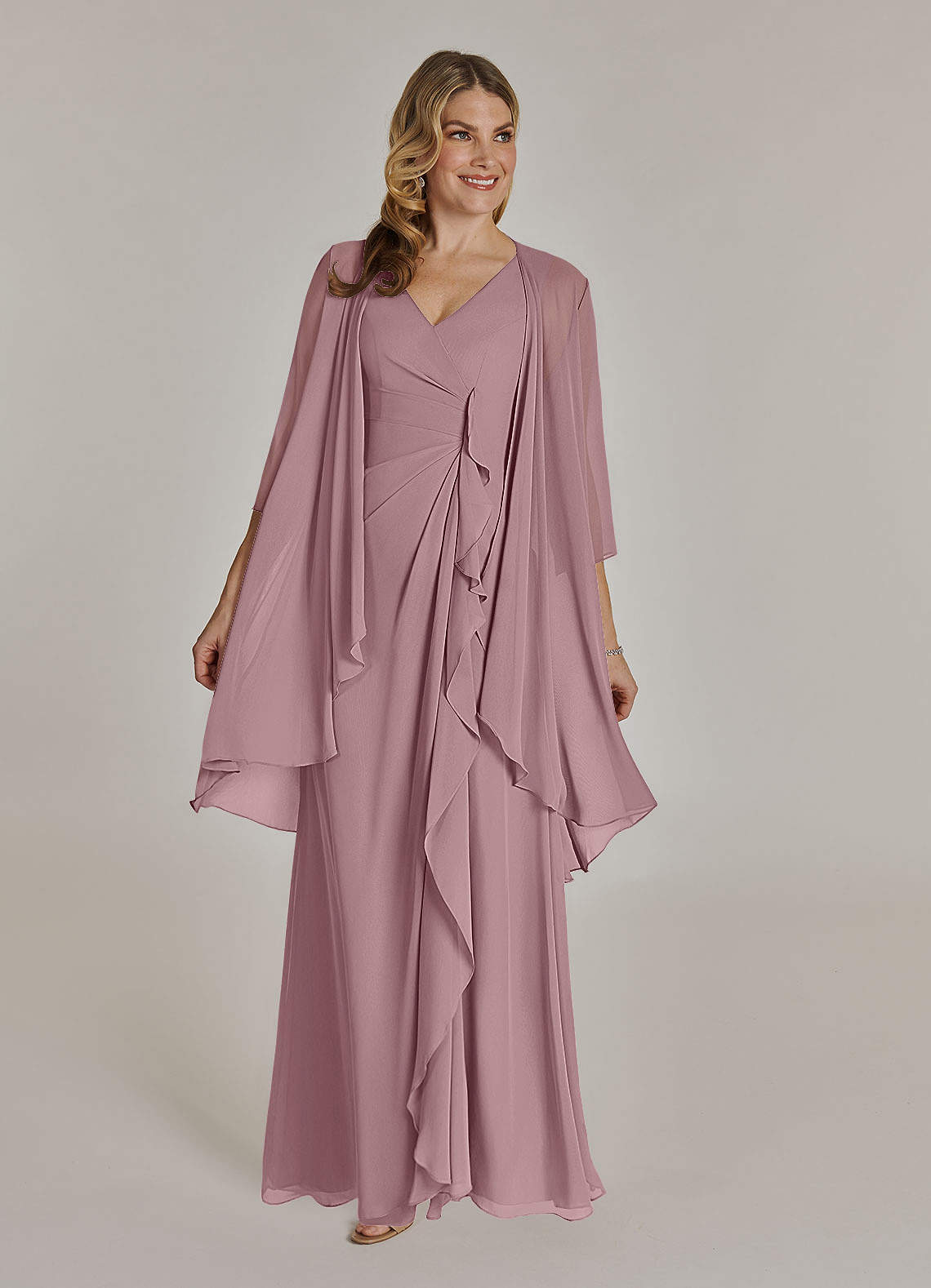 Azazie Manuella Mother of the Bride Dresses Dusty Rose A-Line V-Neck Pleated Chiffon Dress image1