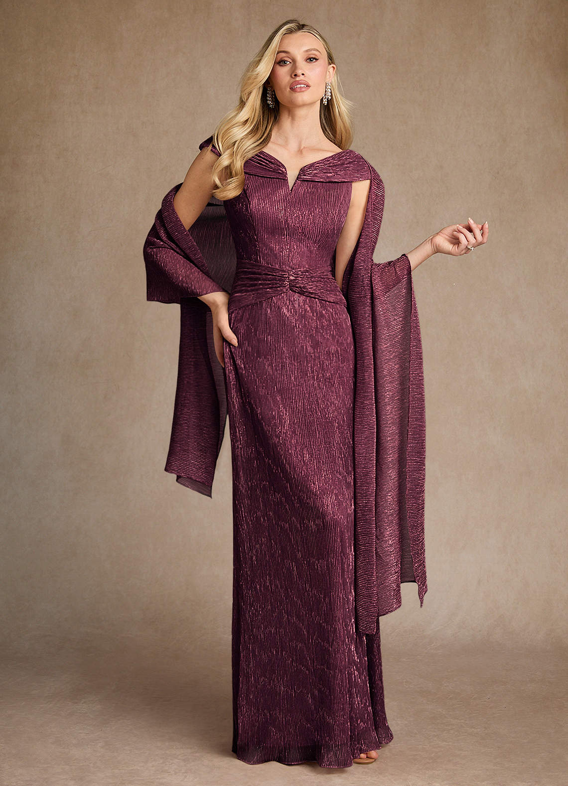 Azazie Warren Mother of the Bride Dresses Berry A-Line Pleated Metallic Mesh Dress image1