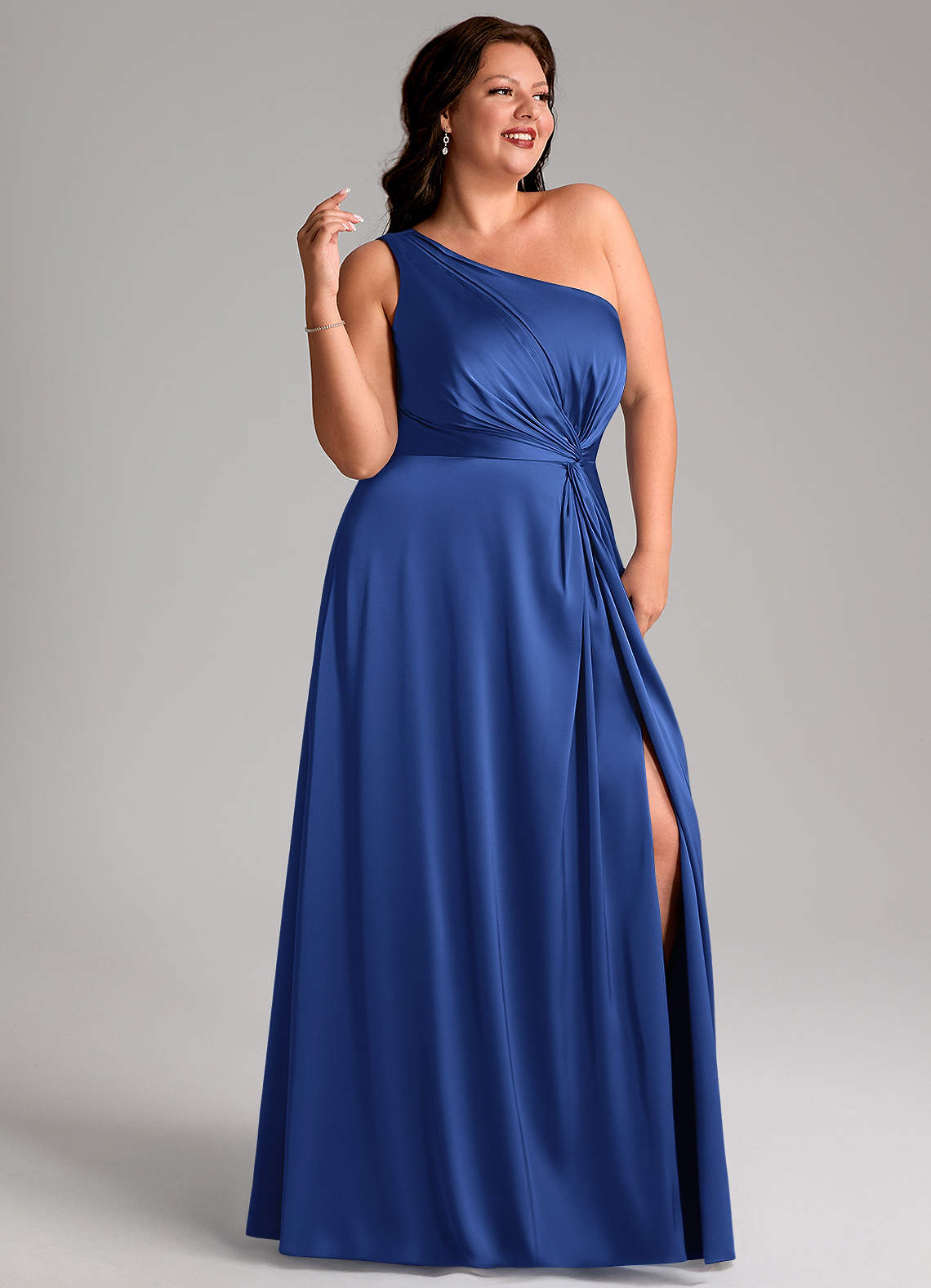 Azazie Brooke Vestidos de damas de honor Vestido de Azul Real de Satén Elástico de Corte en A con Hombro unilateral image10