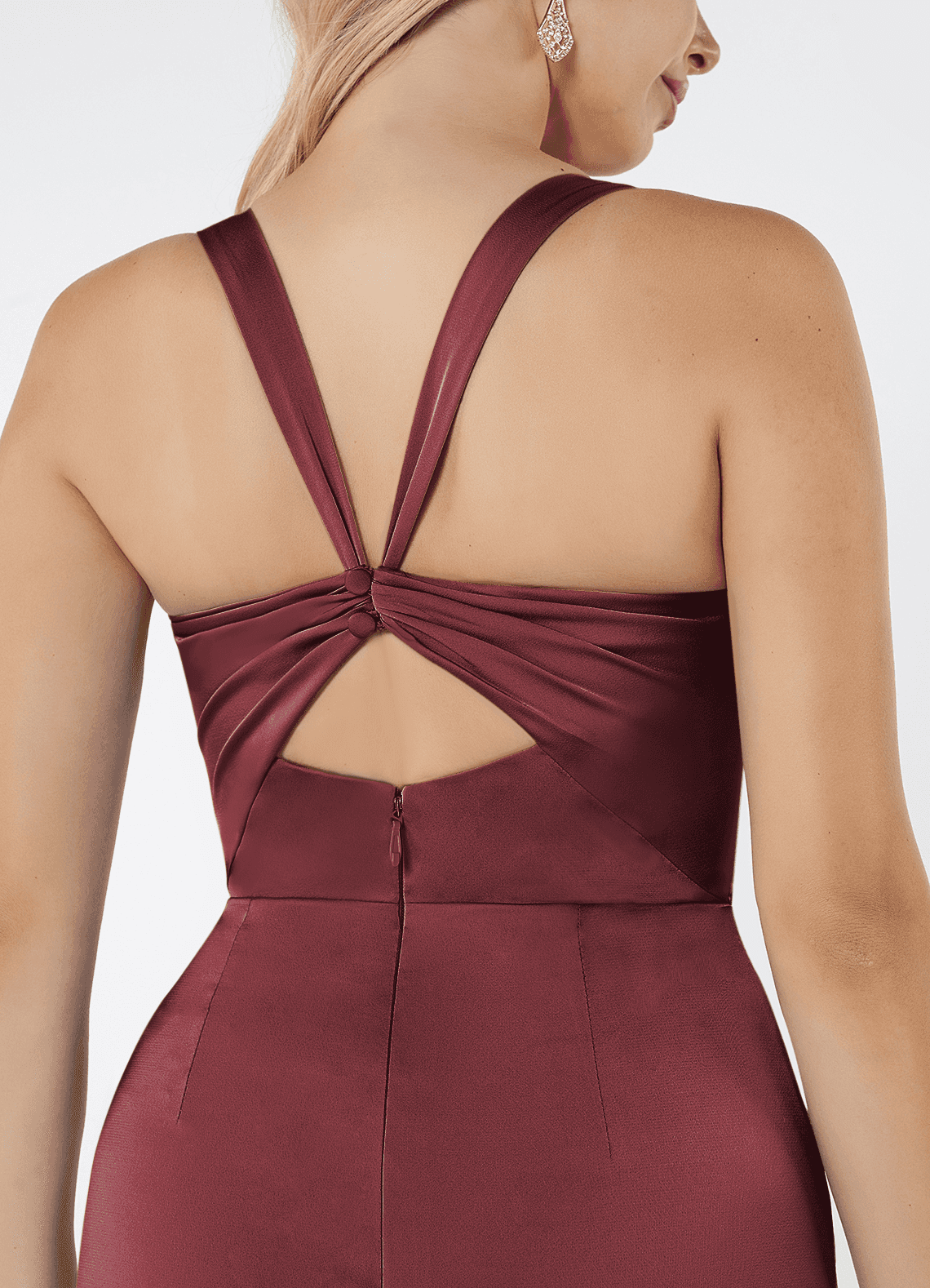 Azazie Mero Bridesmaid Dresses Merlot Sheath Pleated Stretch Satin Dress image4