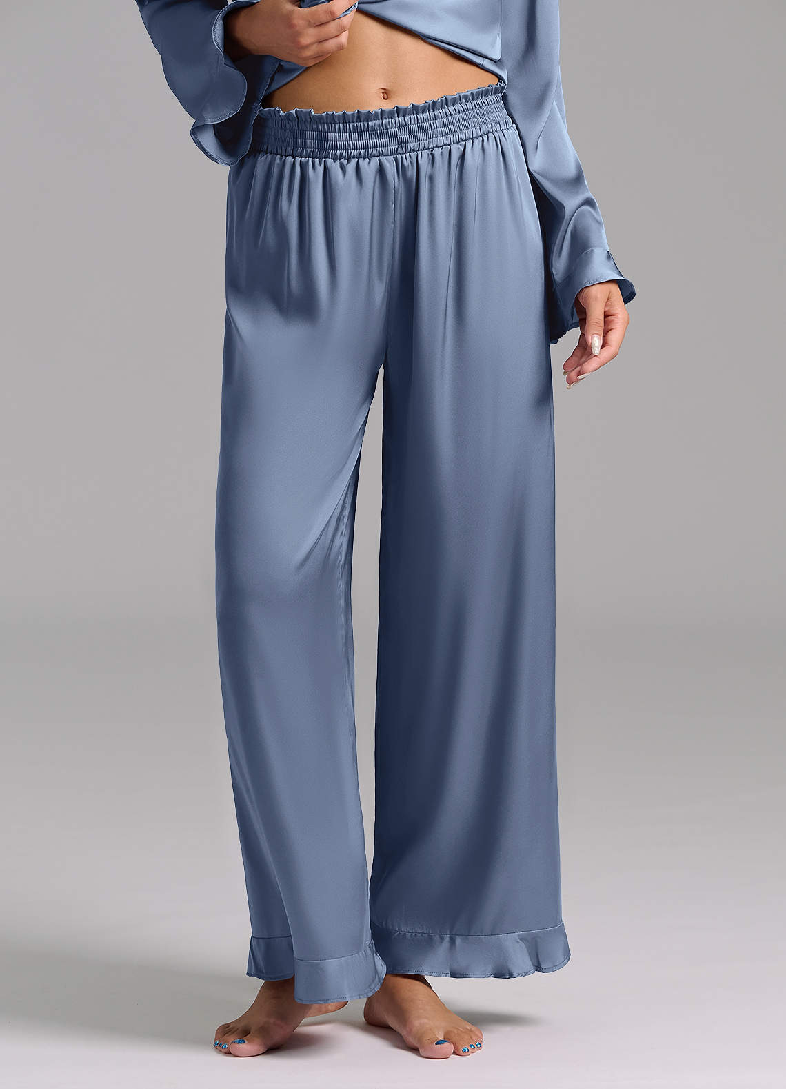 front Matching Color Ruffled Satin Long Sleeve Pajama Set
