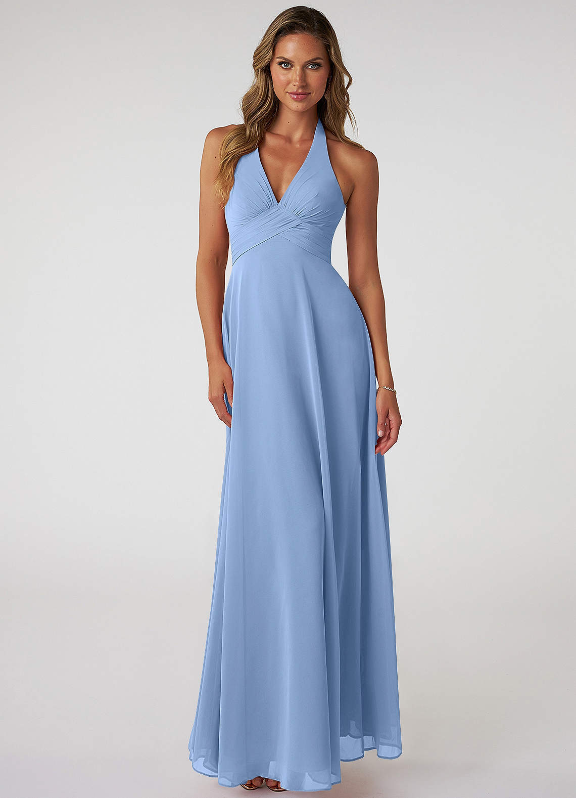 Azazie Tessie Bridesmaid Dresses Steel Blue A-Line V-Neck Pleated Chiffon Dress image1