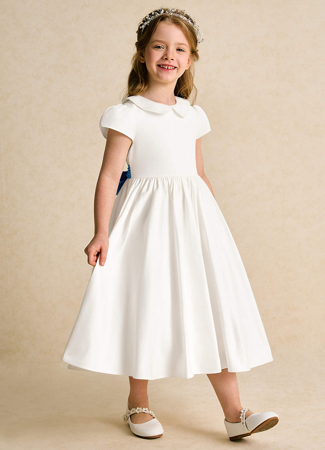 Azazie Deary Flower Girl Dresses Ivory Steel Blue A-Line Bow Cotton Dress image6