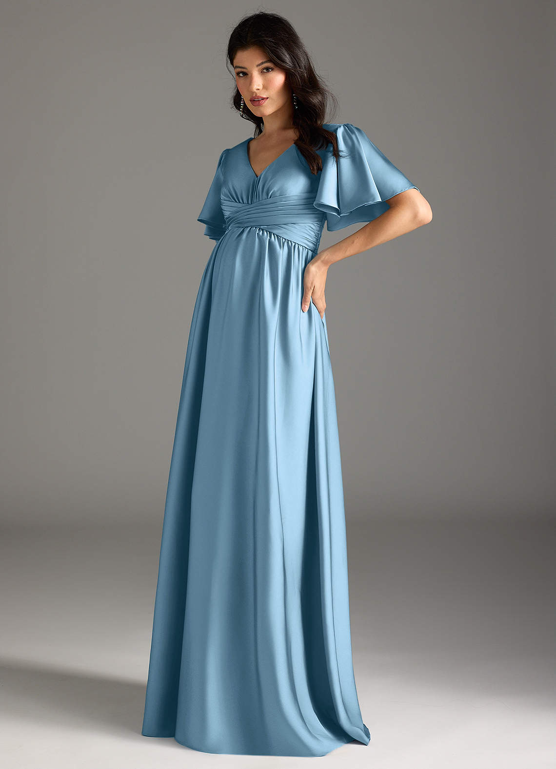 Azazie Verna Maternity Bridesmaid Dresses A-Line Ruched Stretch Satin Floor-Length Dress image3