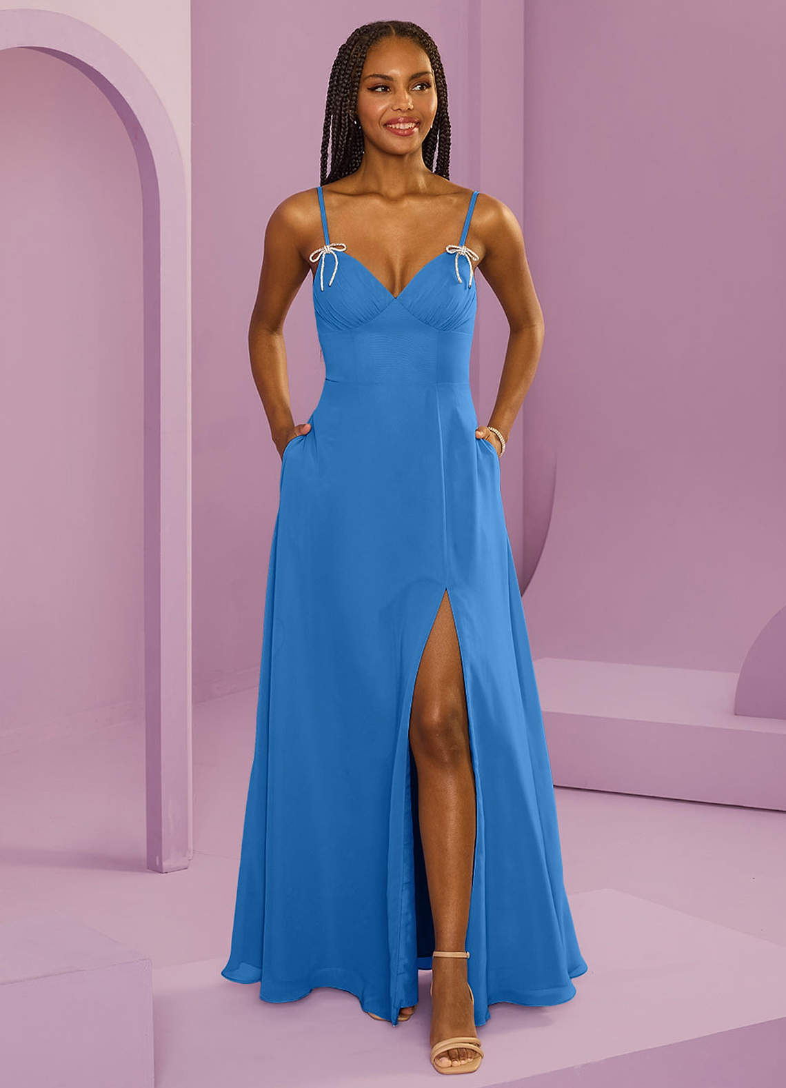 Barbie ♥ Azazie Bridesmaid Dresses Blue Jay A-Line with Pockets Chiffon Dress image1