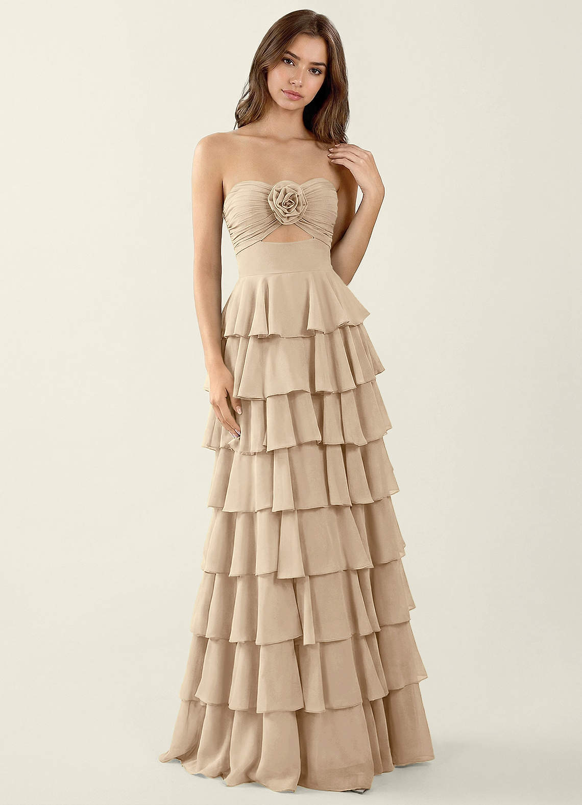 ruffle champagne dress Bailey's Blossoms Nellie Ruffle Maxi Dress