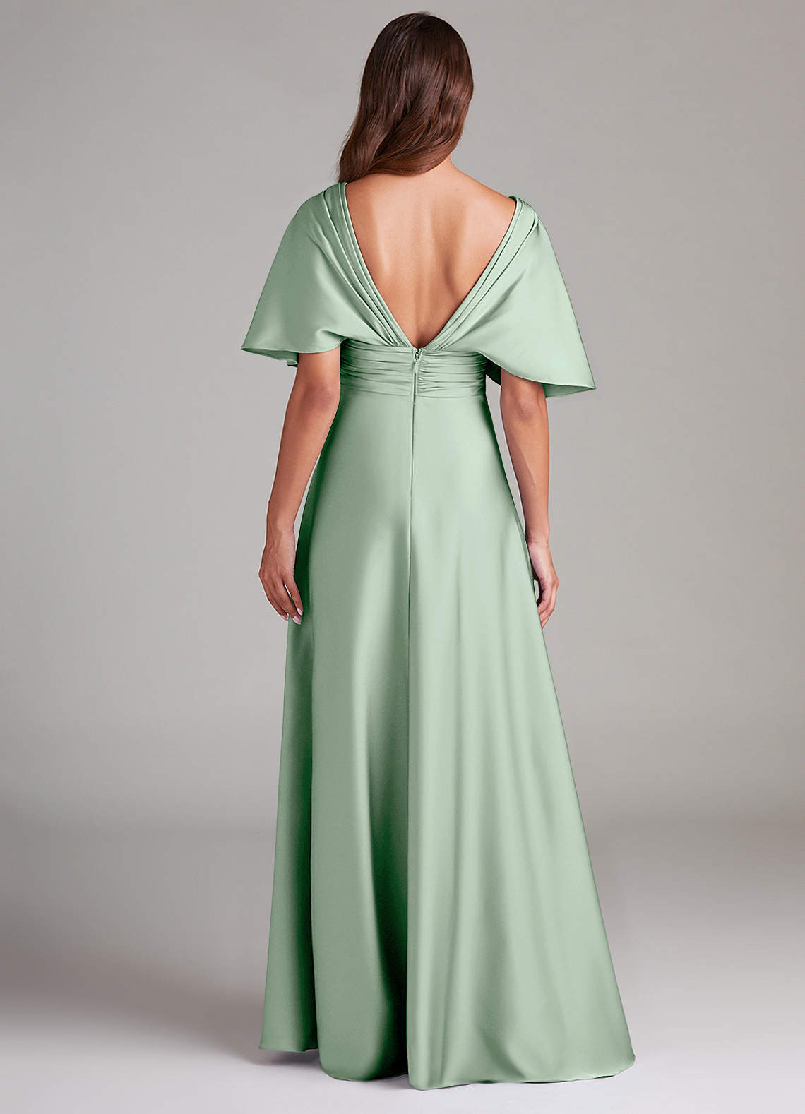 Azazie Pamela Robes de demoiselle d'honneur Robe Trapèze en Satin extensible Plissée Agave image1