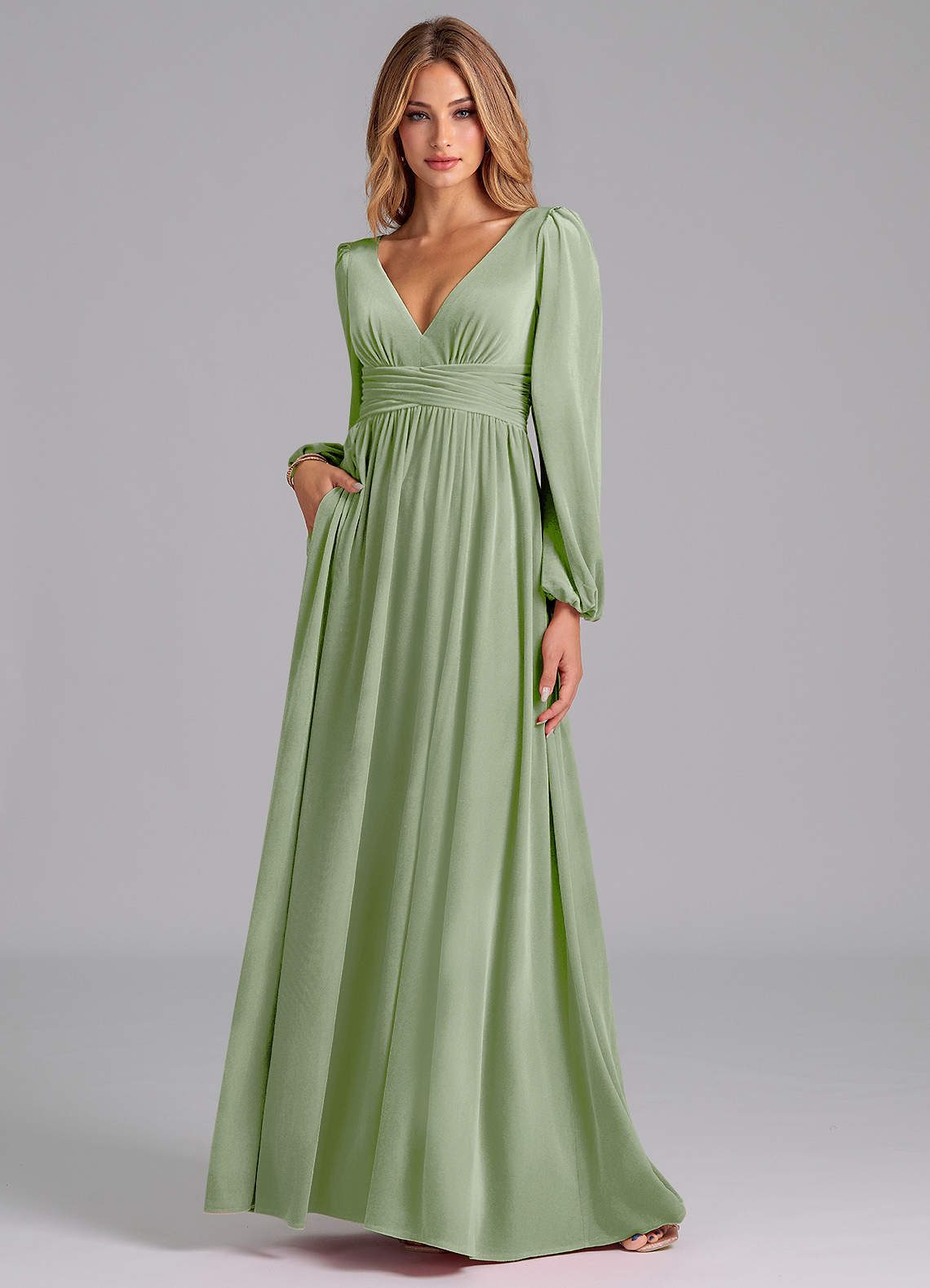 Azazie Norah Bridesmaid Dresses Dusty Sage A-Line Long Sleeve Velvet Dress image1