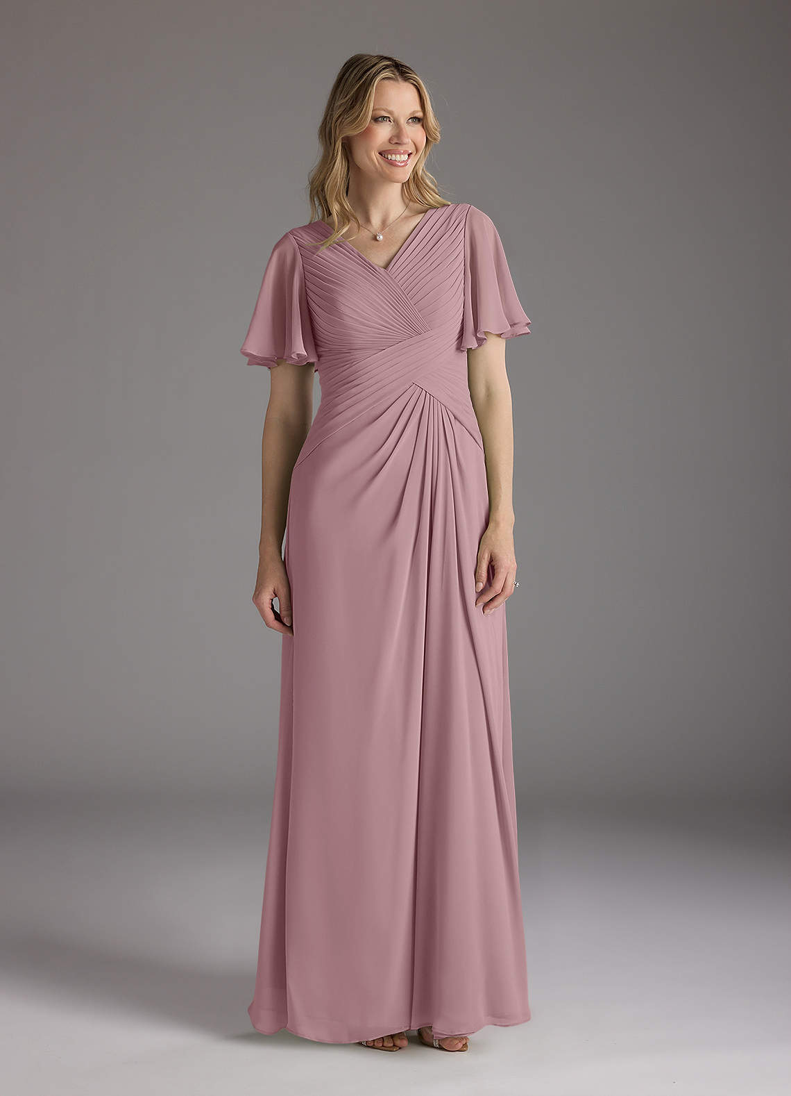 Azazie Morning Glory Kleider für die Brautmutter A-Linie V-Hals Gerüscht Chiffon Kleid Altrosa image1