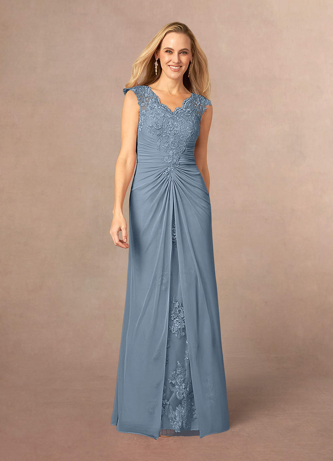 Azazie Jovie Mother of the Bride Dresses Dusty Blue A-Line Lace Dress image1