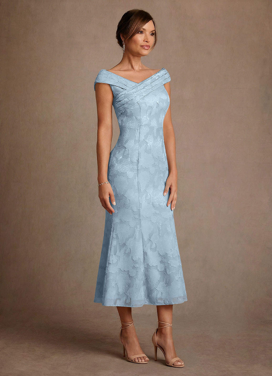 Azazie Keith Mother of the Bride Dresses Sky Blue Sheath Pleated Floral Burnout Dress image2