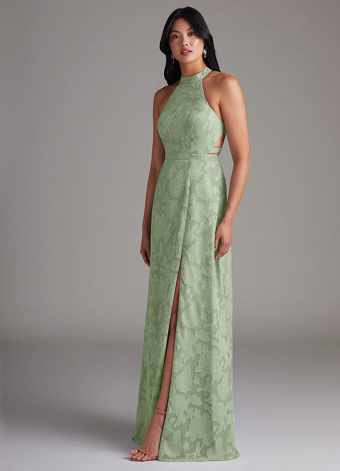 Azazie Clarice Brautjungfernkleider A-Linie Seitliche Cut-Outs Blumen-Burnout Kleid Staubiger Salbeigrün image2