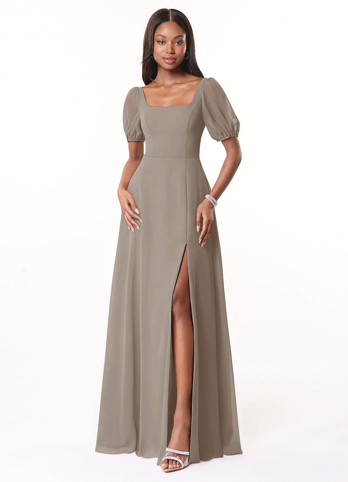Azazie Alani Brautjungfernkleider A-Linie Quadratischer Ausschnitt Chiffon Kleid Taupe image1