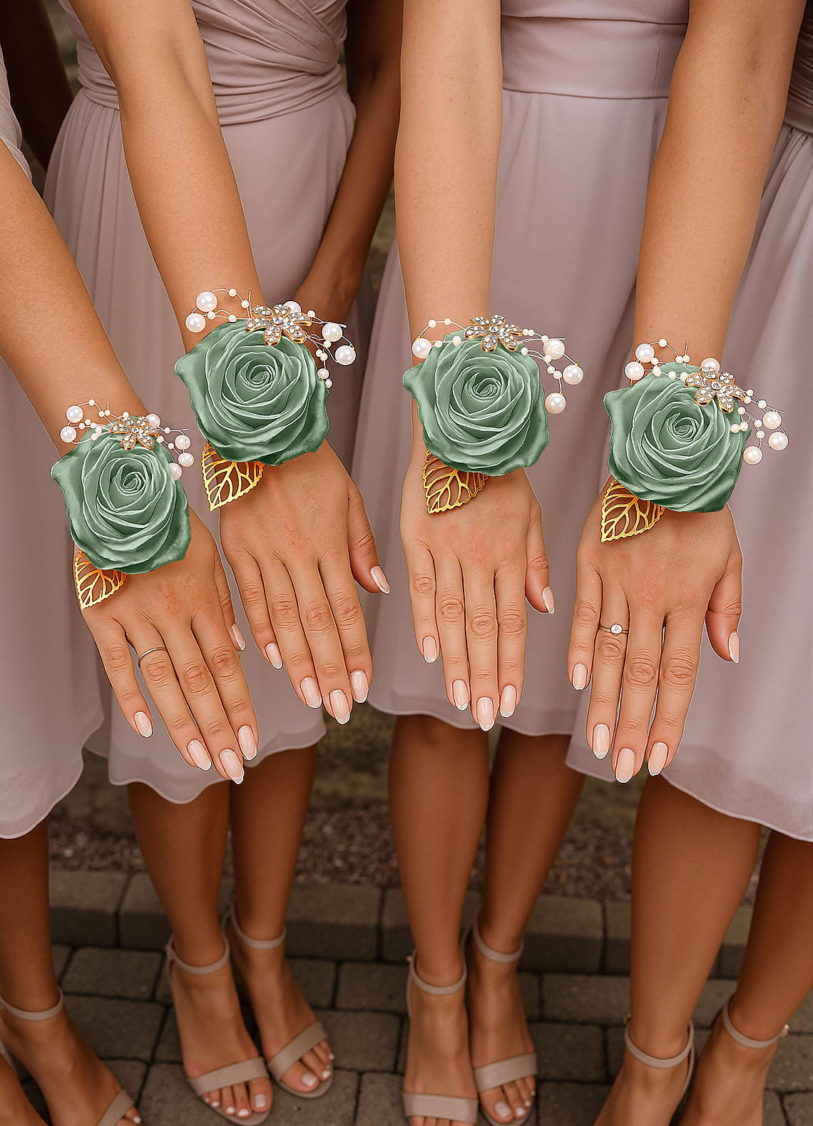 front Matching Color Bridesmaids Wrist Corsage with Pearl Bracelet