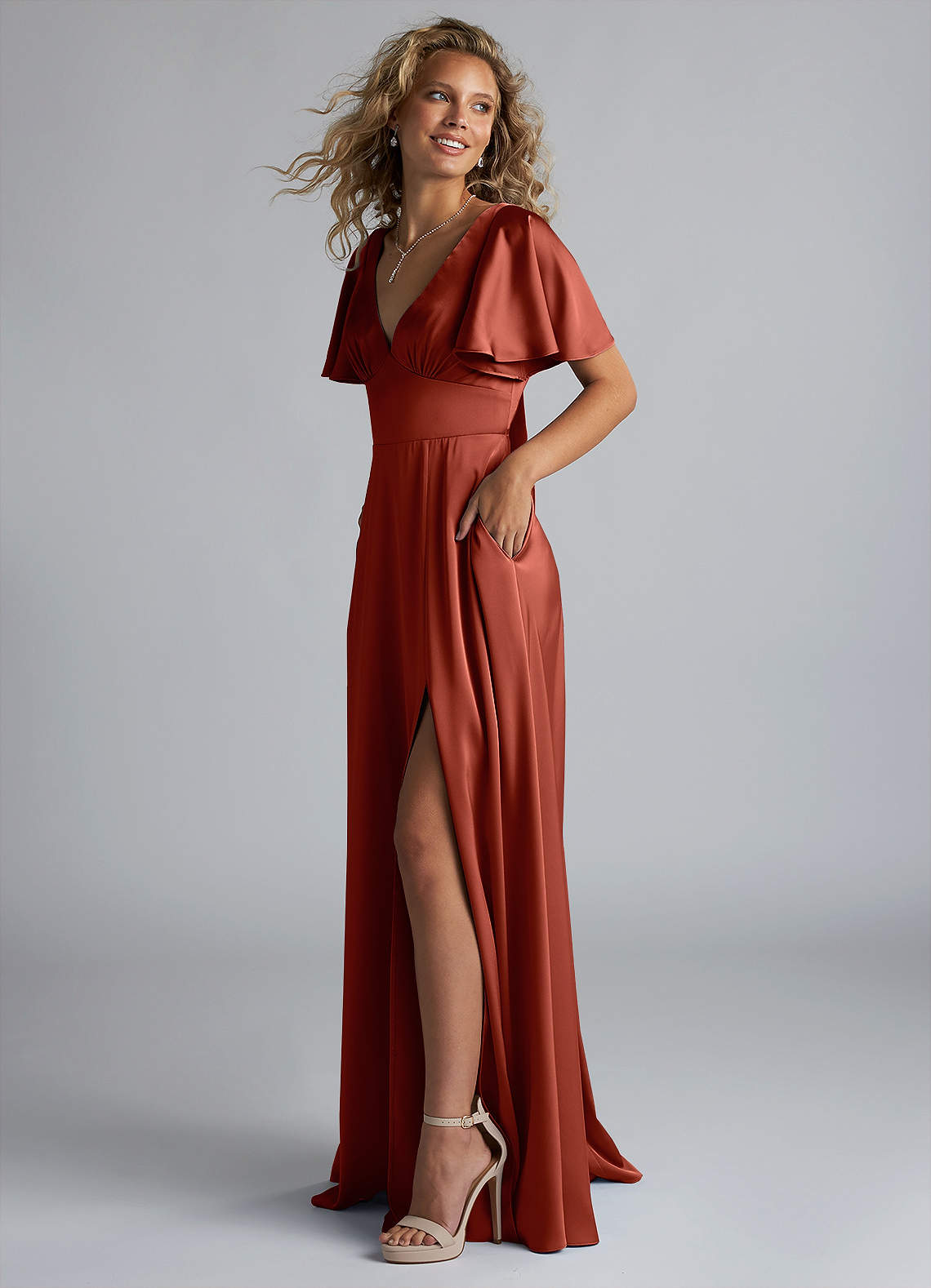 Azazie Kimber Robes de demoiselle d'honneur Robe Trapèze en Satin extensible Rayé Terracotta image5