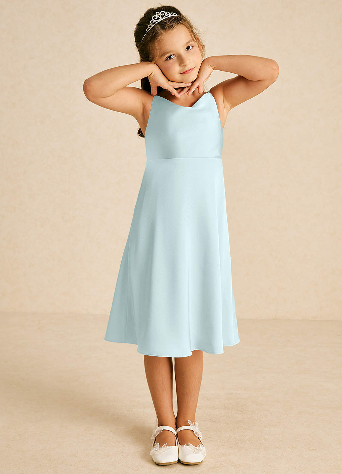 Azazie Zuzu vestidos de niña de las flores Vestido de Vidrio Marino de Satén Elástico de Corte En A con Tirante Espagueti image1