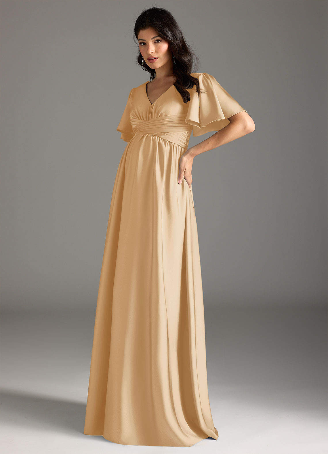 Azazie A-Line/Princess V-Neck Floor-Length Stretch Satin Maternity Bridesmaid Dresses Gold Azazie A-Line/Princess V-Neck Floor-Length Stretch Satin Maternity Bridesmaid Dresses Gold