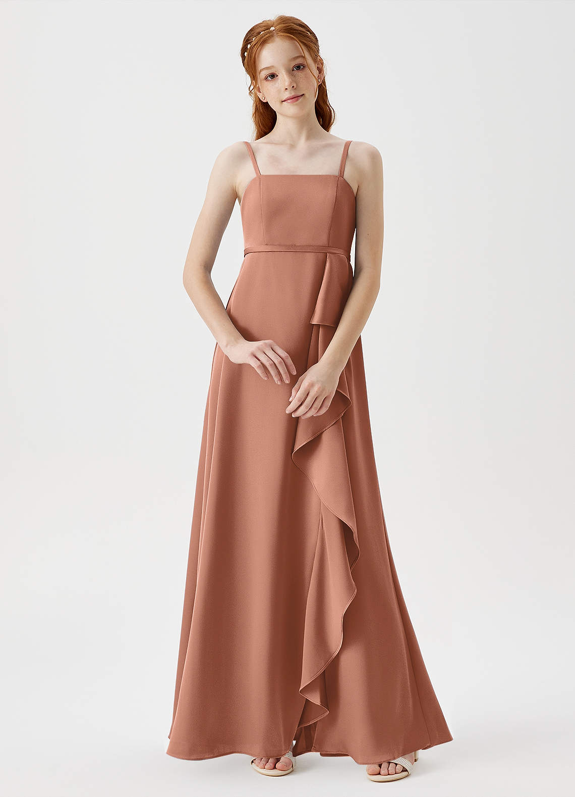 Azazie Kaylee Junior Bronzer A-Line with Belt Stretch Satin Dress image1