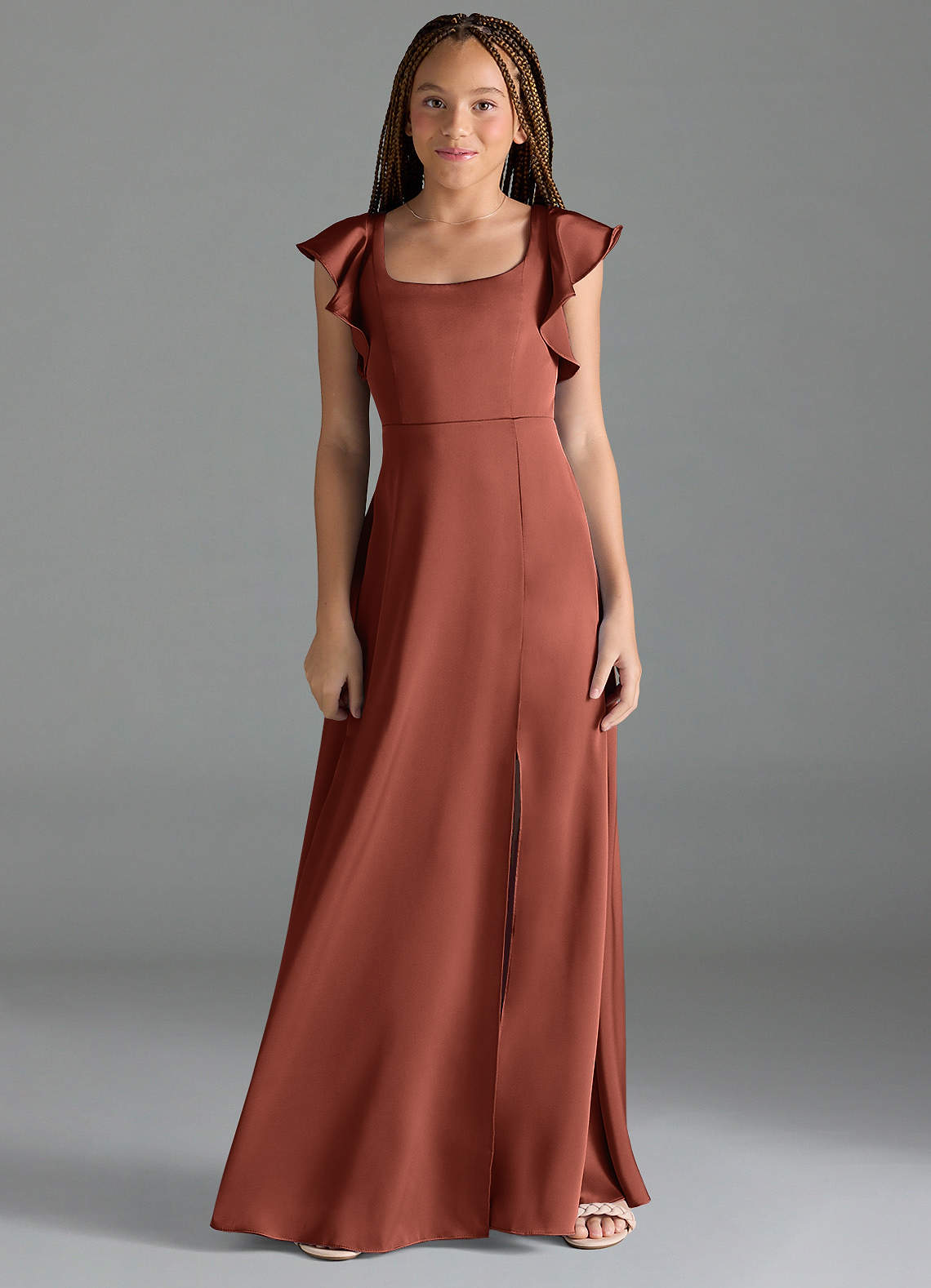 Azazie Bondi Junior Auburn A-Line Side Slit Stretch Satin Dress image1