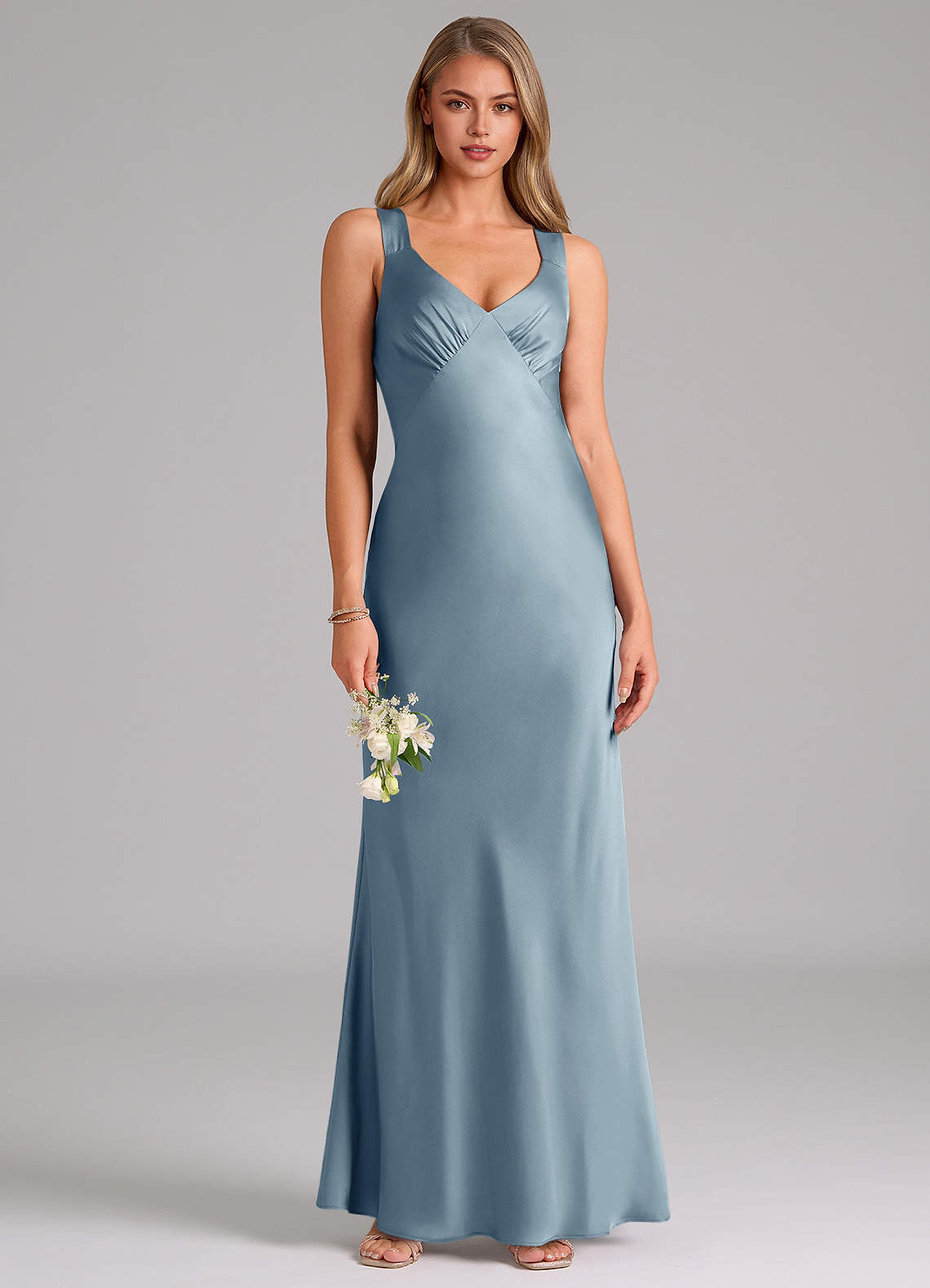 Azazie Kamila Brautjungfernkleider A-Linie Plissee Stretch-Satin Kleid Staubblau image1