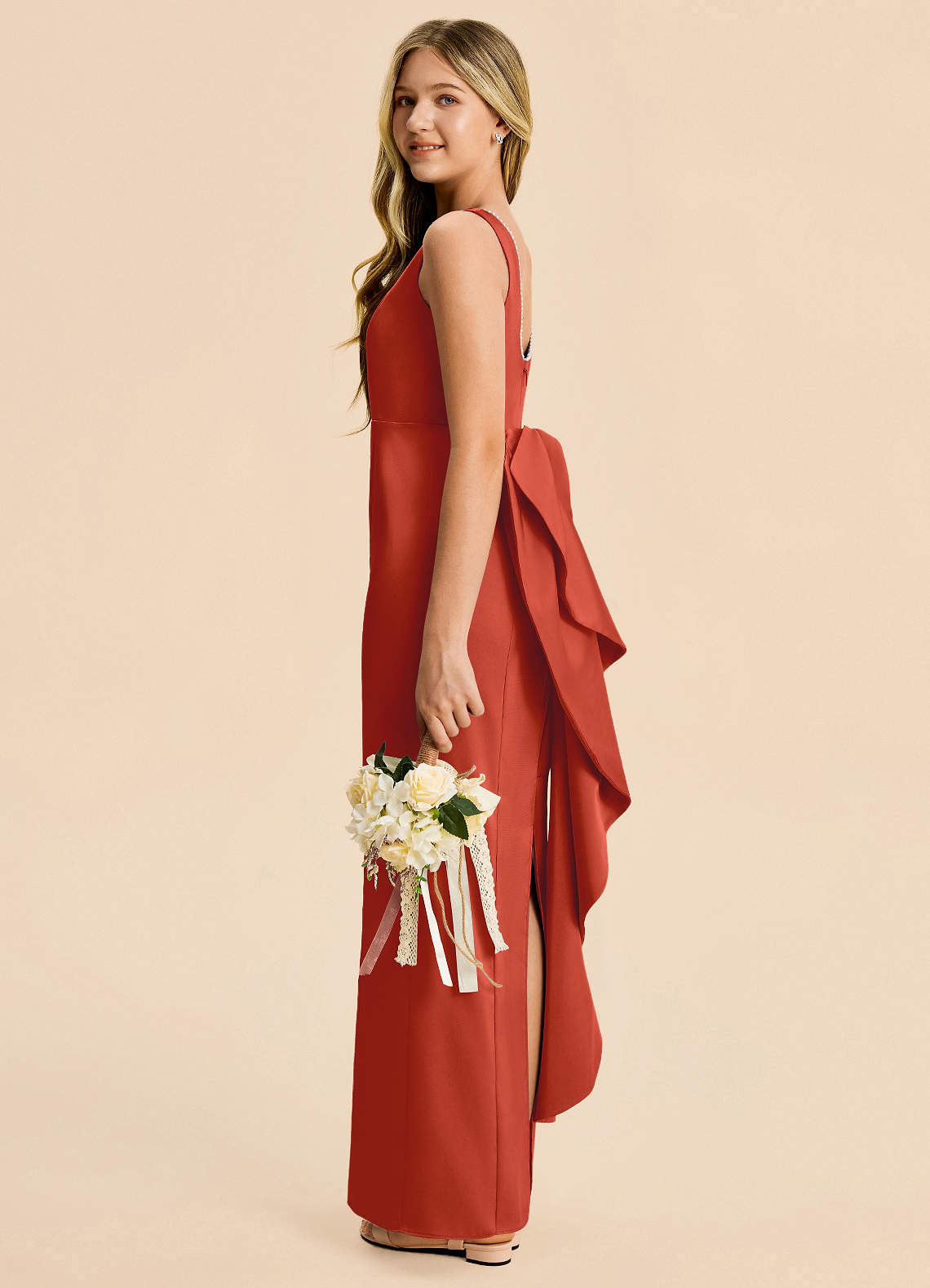 rust junior bridesmaid dresses BABARONI BABARONI Chiffon Rust Junior Bridesmaid Dresses A-line Off-the-shoulder Flutter Sleeve Ruffles Floor-length, Rust / J4