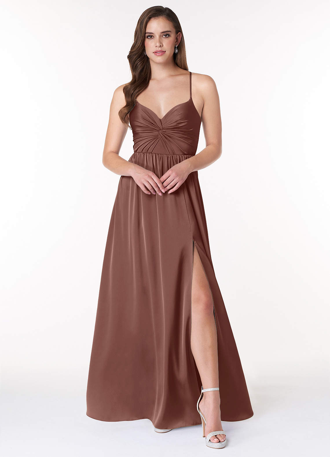 Azazie Raya Bridesmaid Dresses Espresso A-Line V-Neck Pleated Stretch Satin Dress image1