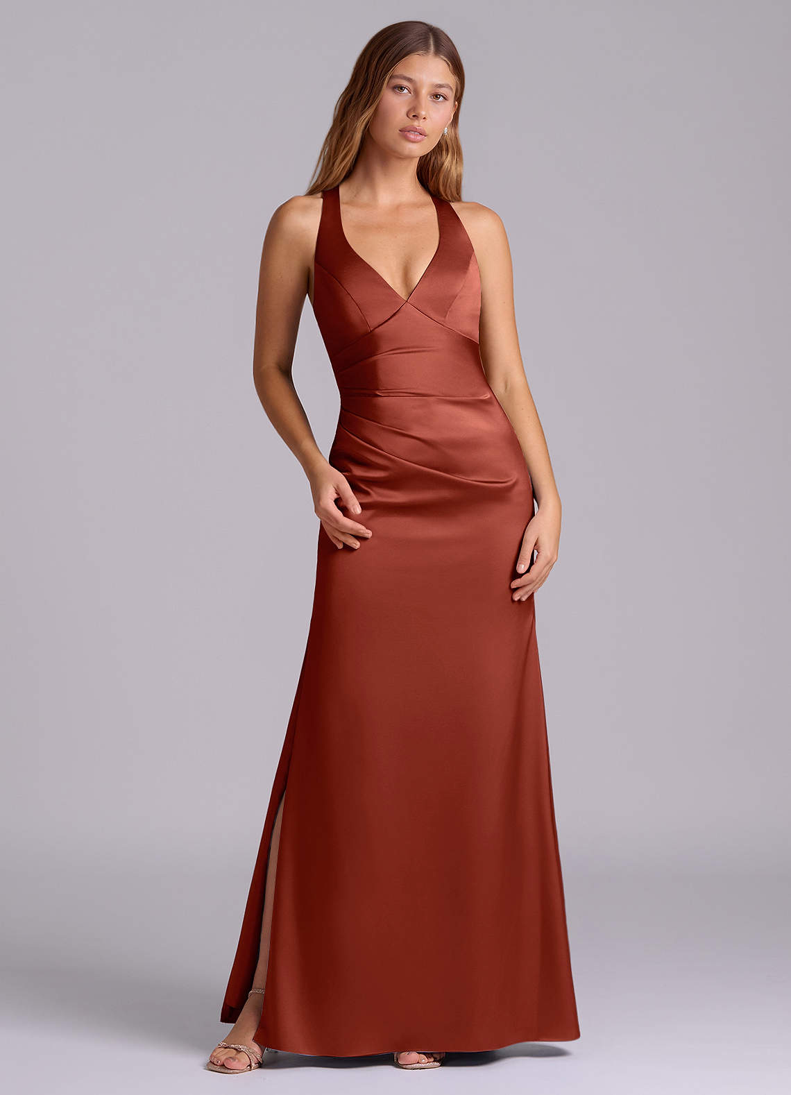 satin terracotta bridesmaid dresses Dress Matte Size Medium Delicate ruching adds texture and refines the fit Azazie Amelie Terracotta Stretch Satin