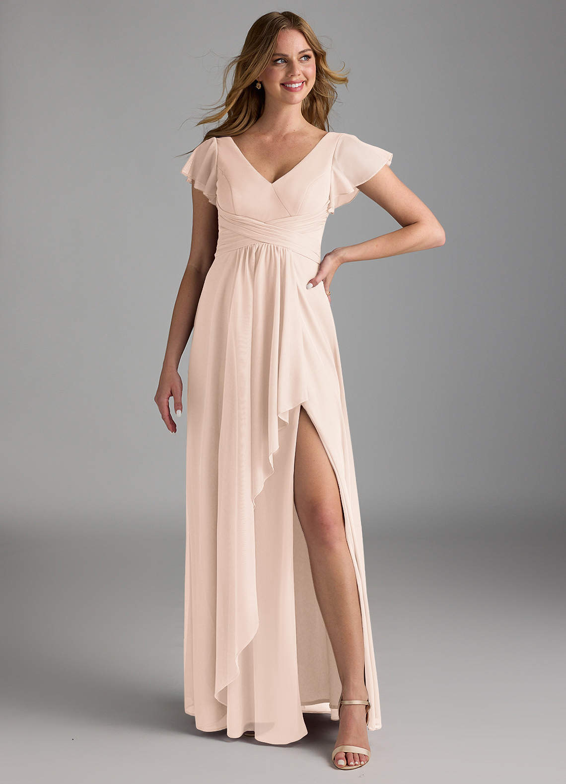 Azazie Omari Bridesmaid Dresses Blushing Pink A-Line Mesh Dress image1