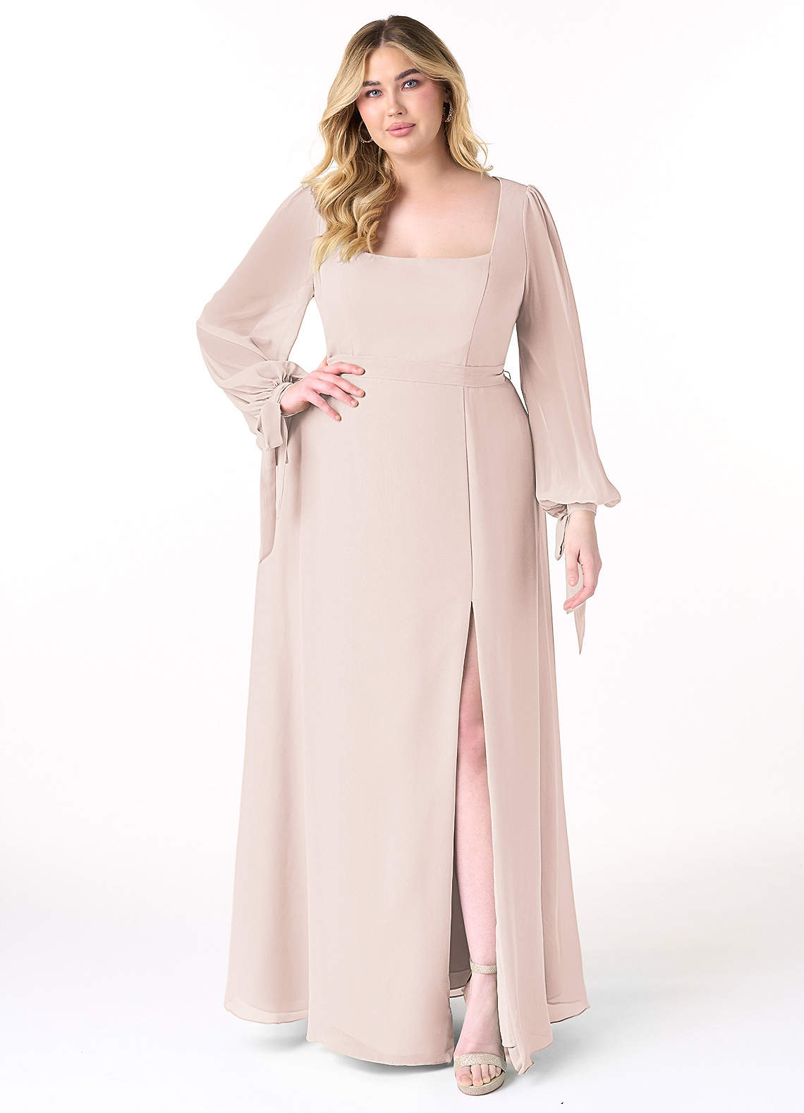 Azazie Leonia Bridesmaid Dresses Rose Petal A-Line Long Sleeve Chiffon Dress image1