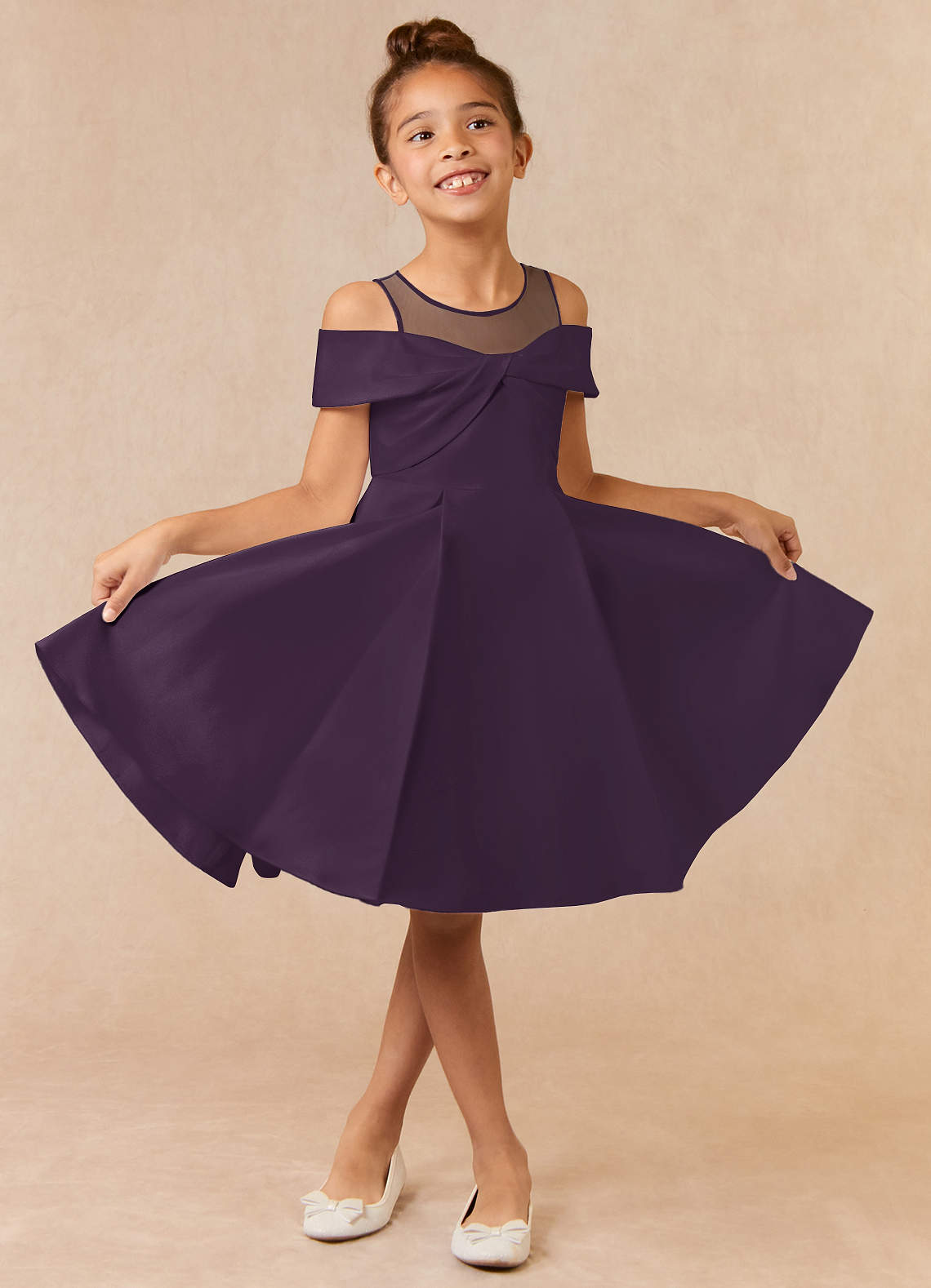 Azazie Shirin Flower Girl Dresses Plum A-Line Off the Shoulder Matte Satin Dress image1