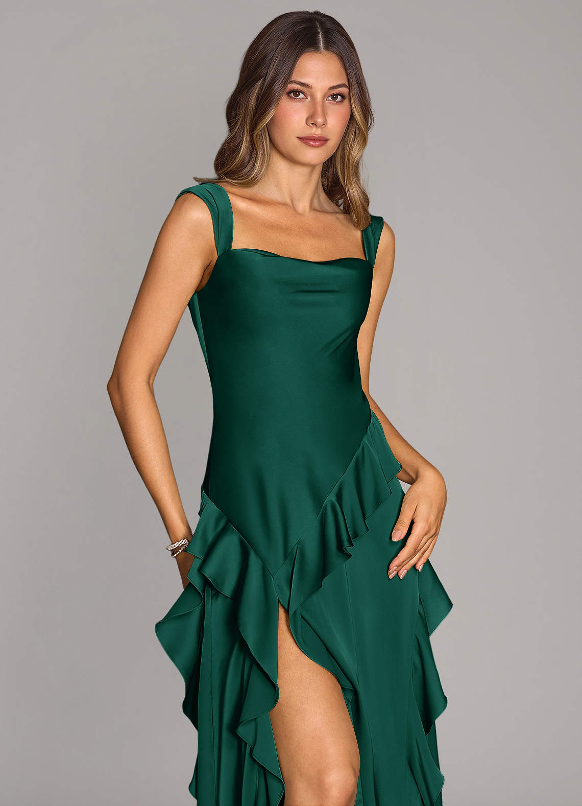 Azazie Sloane At-home Try On Dresses Emerald A-Line Sweetheart Neckline Stretch Satin Dress image4