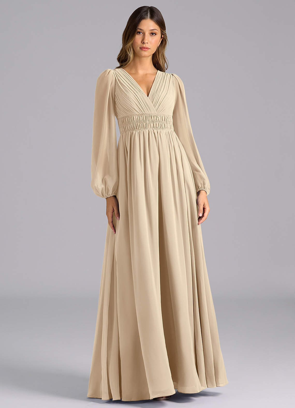 Azazie Palerma Bridesmaid Dresses Champagne A-Line Long Sleeve Chiffon Dress image1