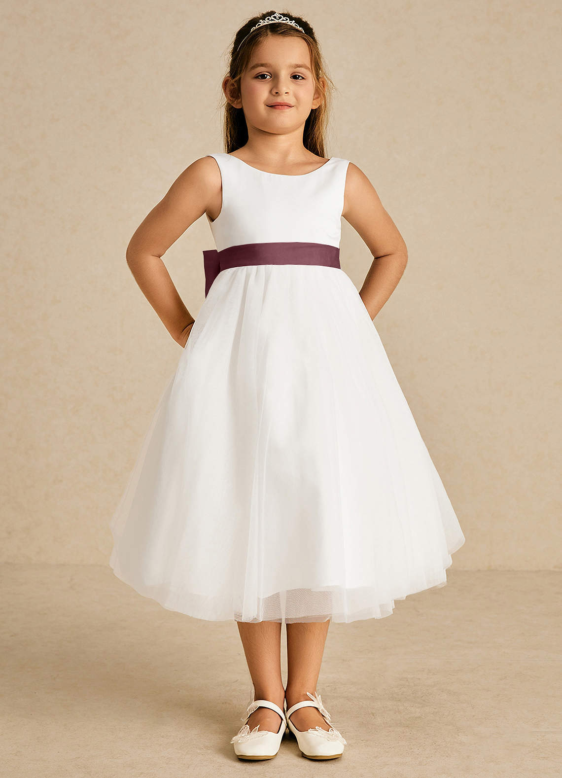 Azazie Kavi Flower Girl Dresses Ivory Sangria A-Line Bow Matte Satin Dress image1
