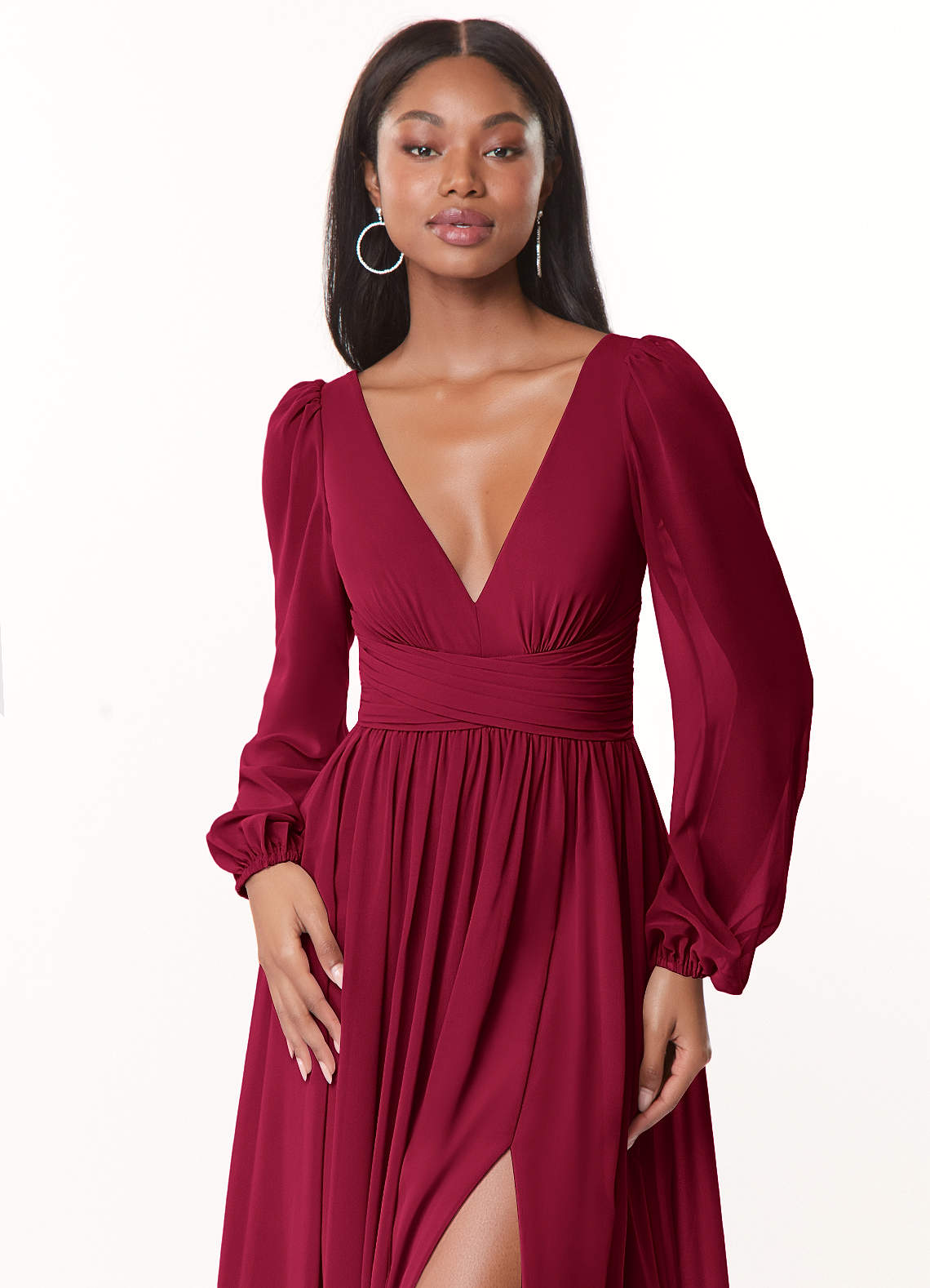 burgundy long sleeve cocktail dress Azazie Norah Chiffon Bridesmaid Dresses maroon cocktail dress