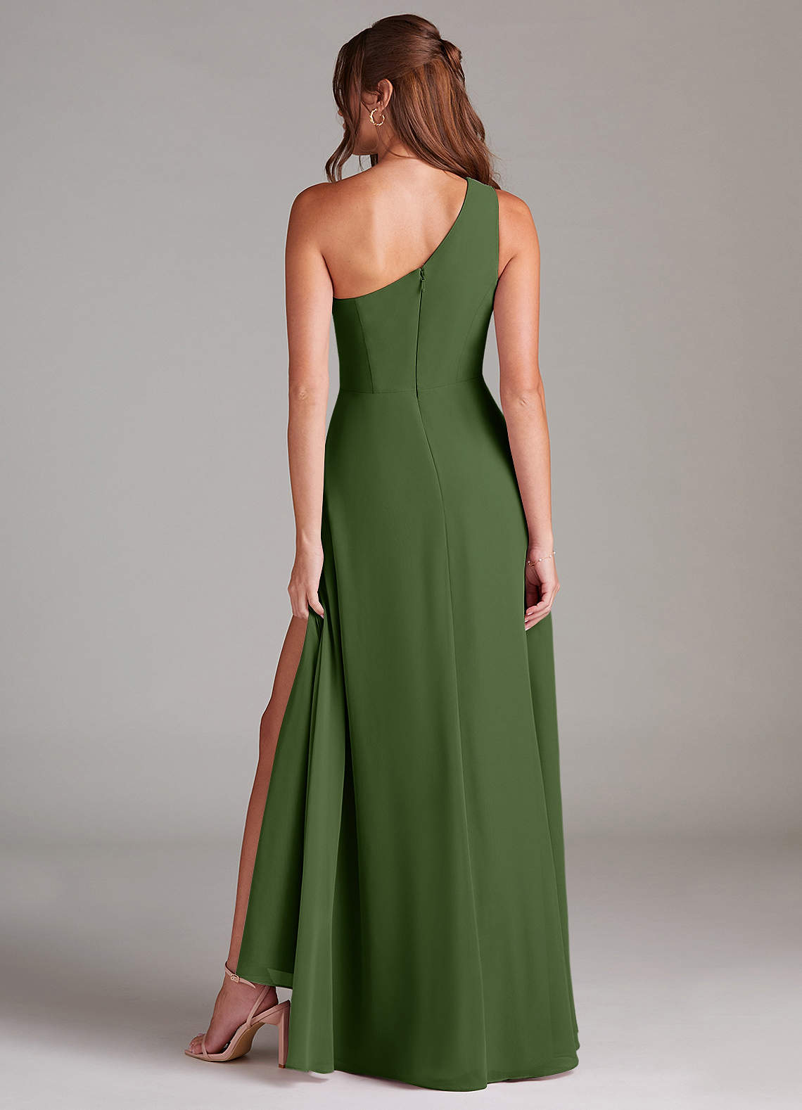 Azazie Brooke Bridesmaid Dresses Olive A-Line One Shoulder Chiffon Dress image6