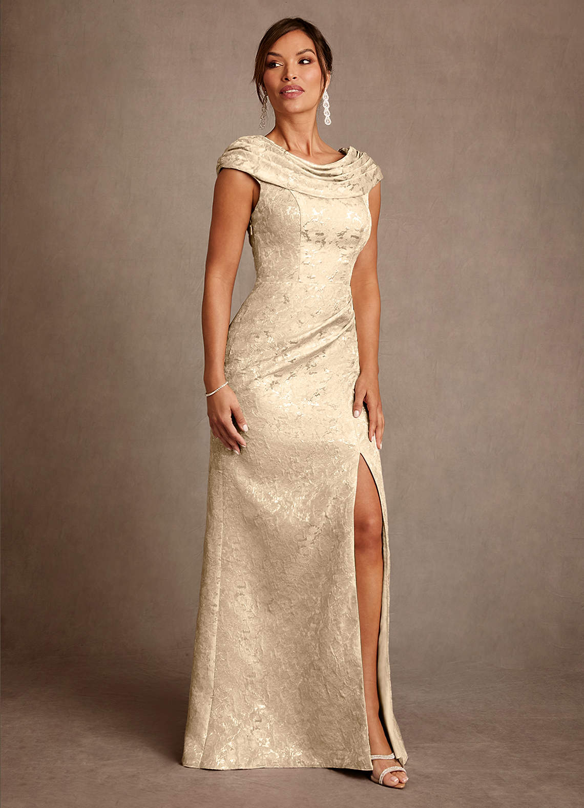 Azazie Irvine Mother of the Bride Dresses Champagne A-Line Pleated Floral Jacquard Dress image3