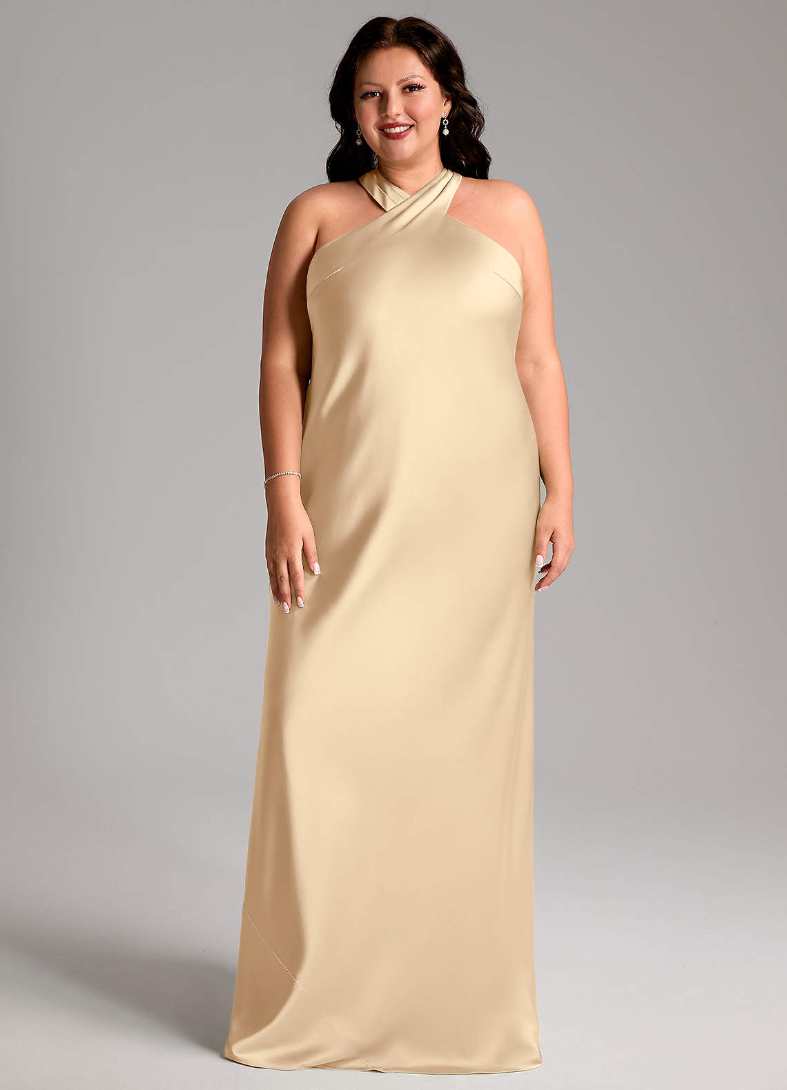 Azazie Doretta Robes de demoiselle d'honneur Robe Sirène en Satin extensible Plissée Champagne image1